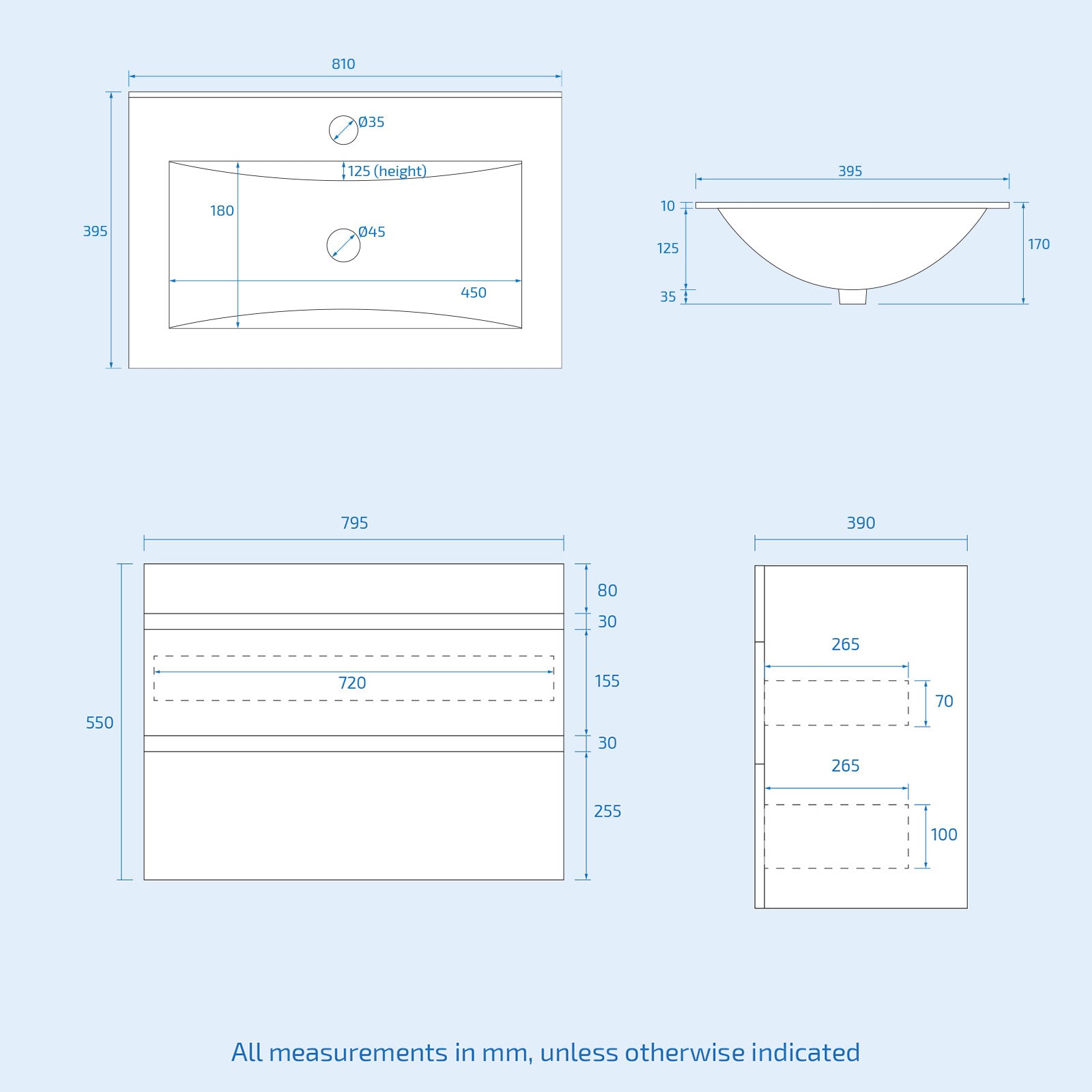 Alaska 800mm Dark Grey Wall Hung 2 Drawers Handleless Slim Basin Vanity Unit