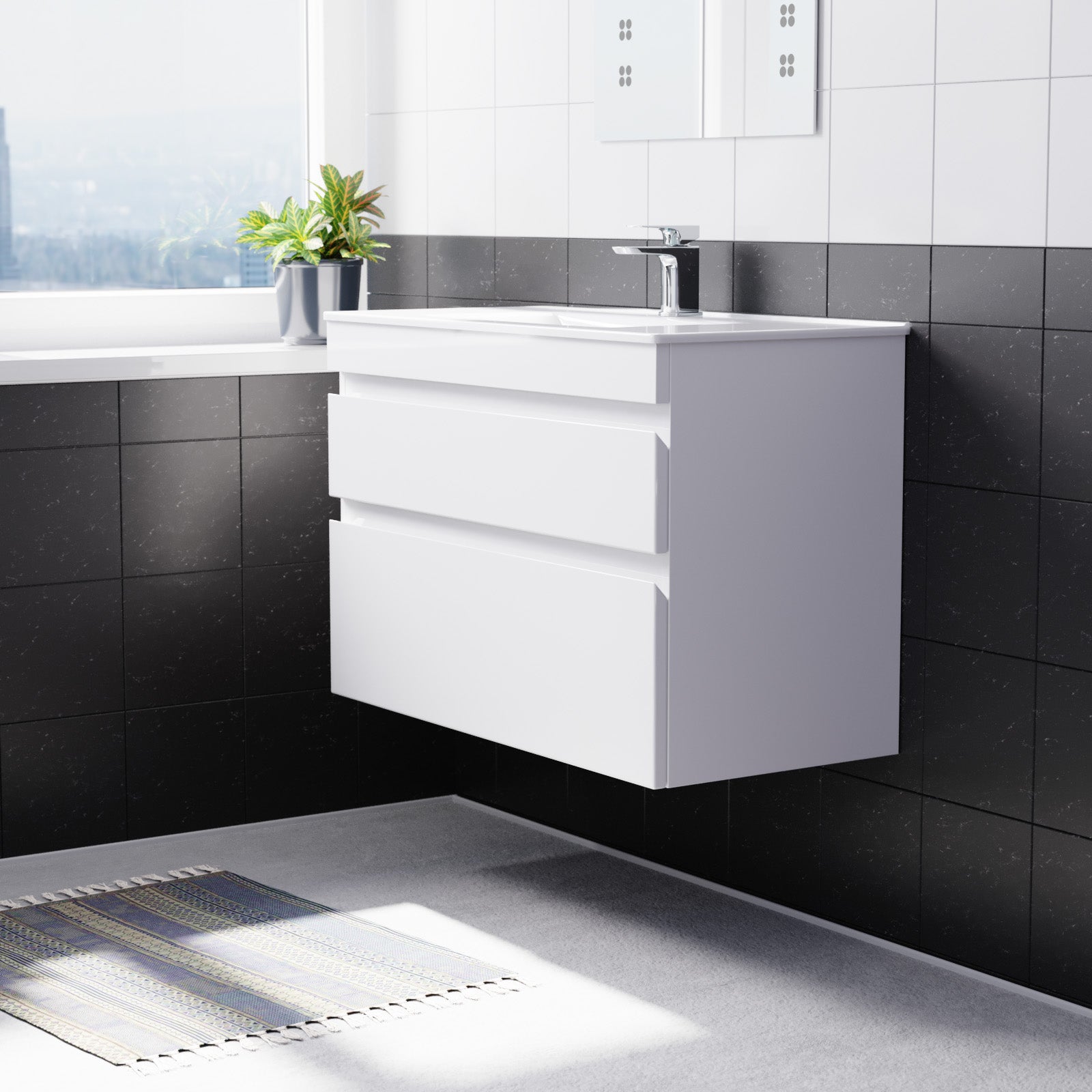 Alaska 800mm Matte Grey Wall Hung 2 Drawers Handleless Slim Basin Vanity Unit