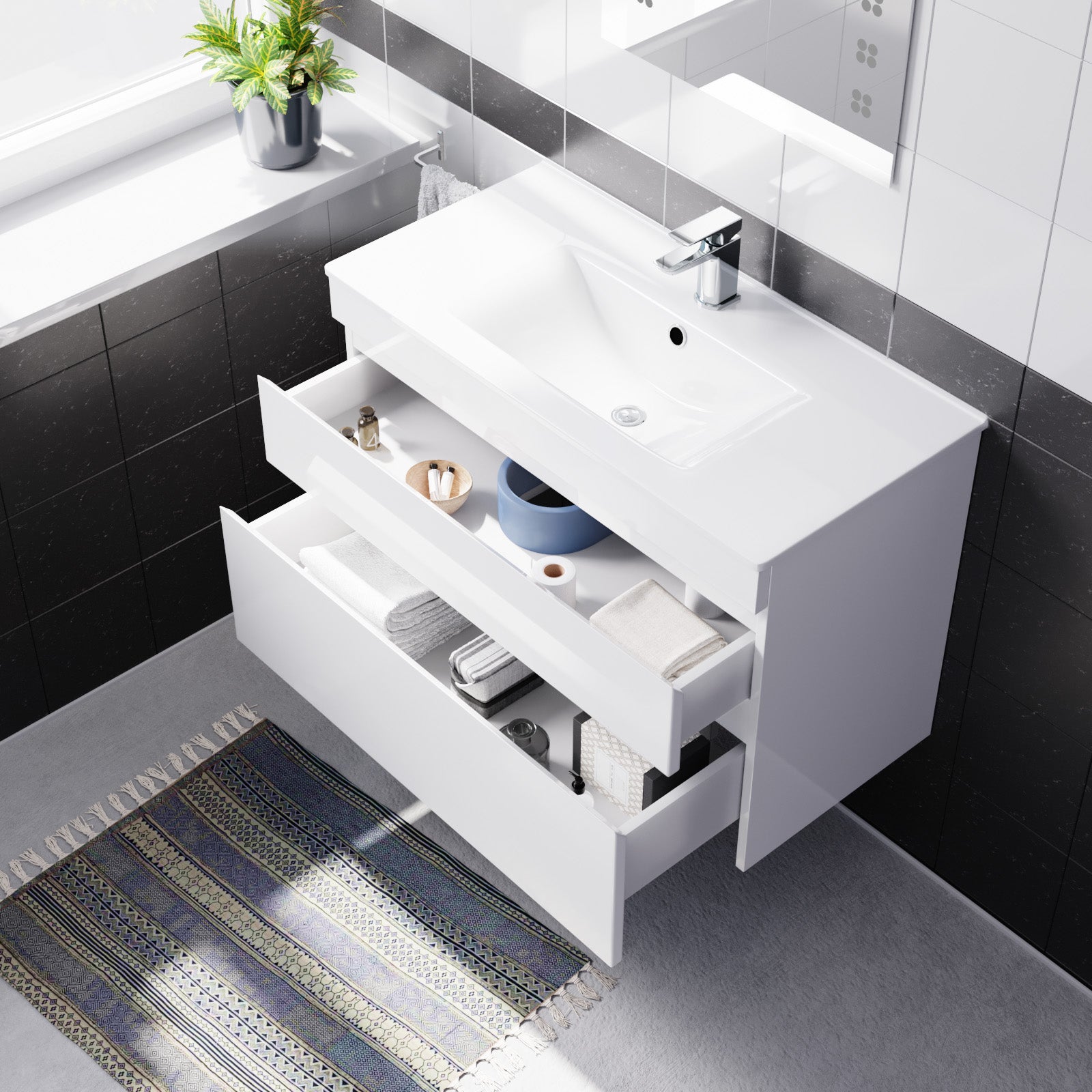 Alaska 800mm Matte Grey Wall Hung 2 Drawers Handleless Slim Basin Vanity Unit