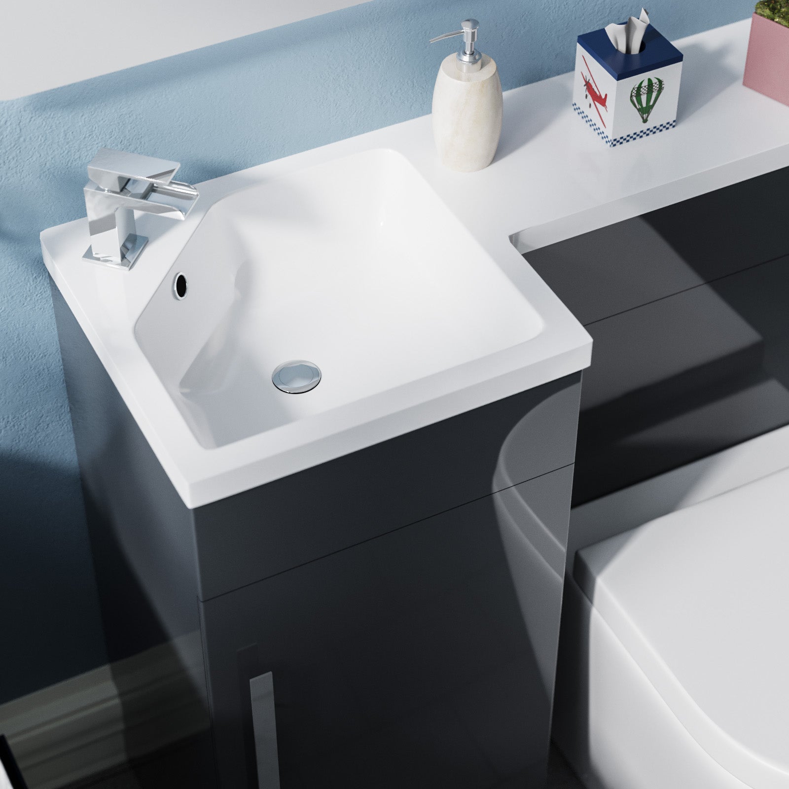 Jersey Flat Packed Compact 900mm Grey L-Shape Left Hand Vanity Unit, Rimless Toilet Set