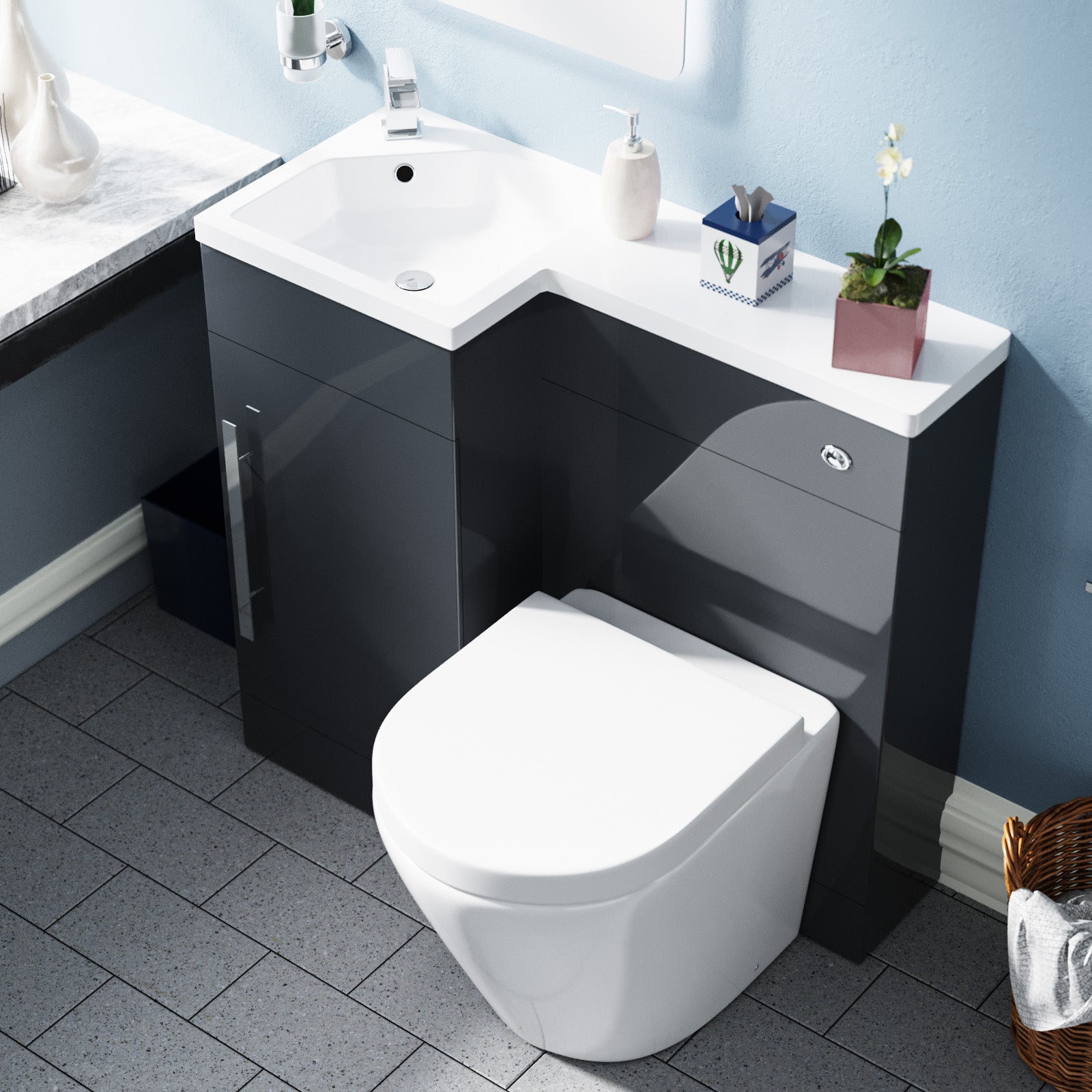 Jersey Flat Packed Compact 900mm Grey L-Shape Left Hand Vanity Unit, Rimless Toilet Set