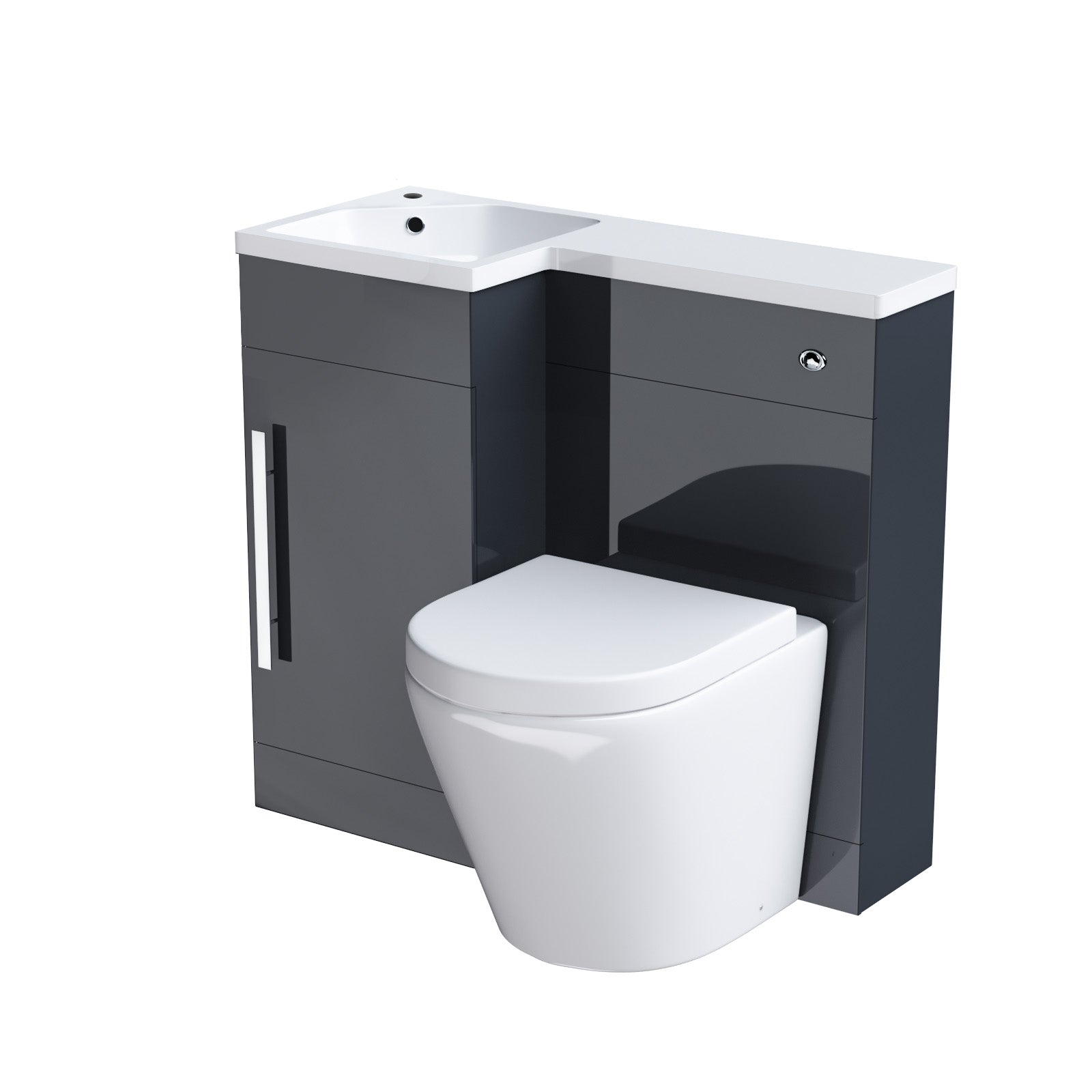 Jersey Flat Packed Compact 900mm Grey L-Shape Left Hand Vanity Unit, Rimless Toilet Set