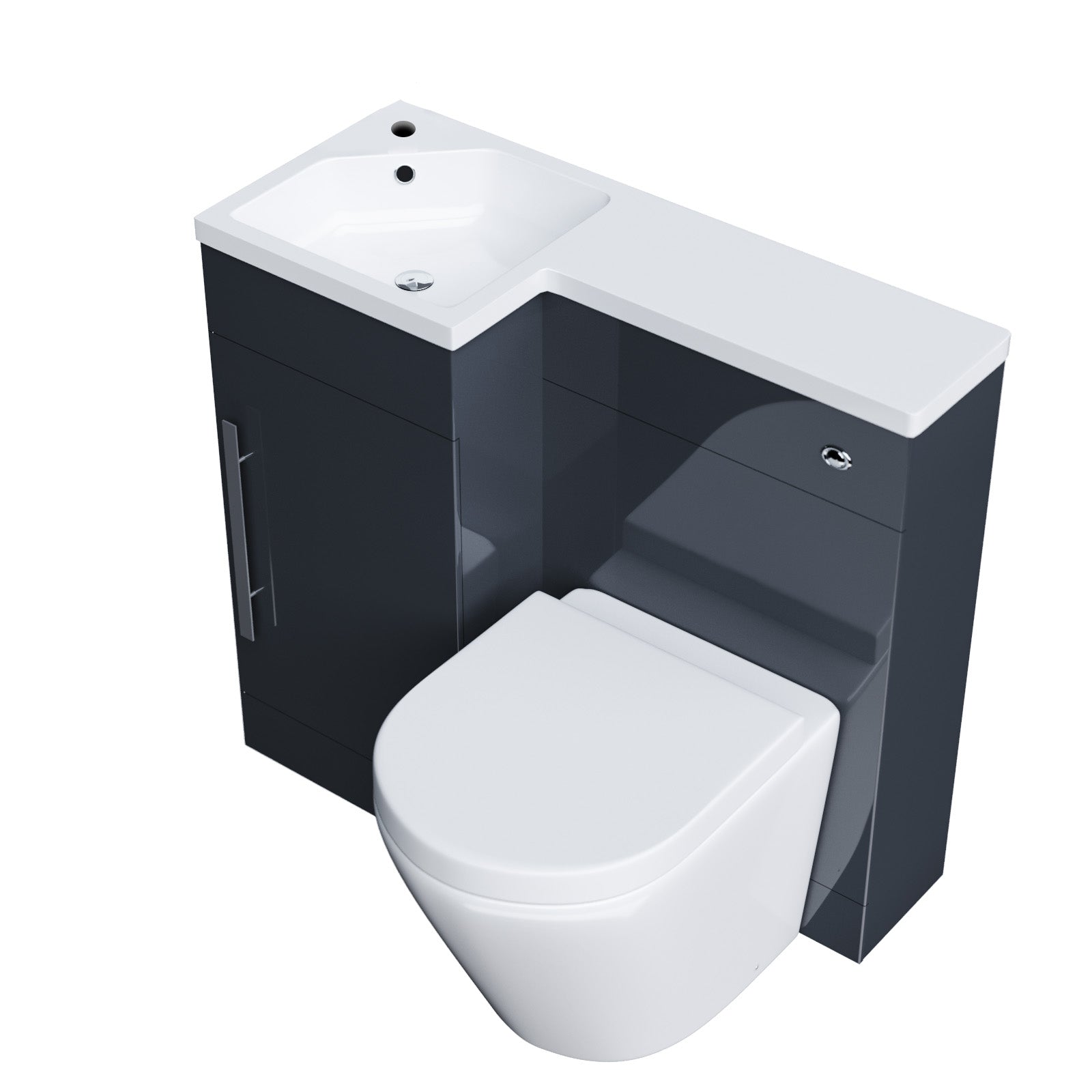 Jersey Flat Packed Compact 900mm Grey L-Shape Left Hand Vanity Unit, Rimless Toilet Set