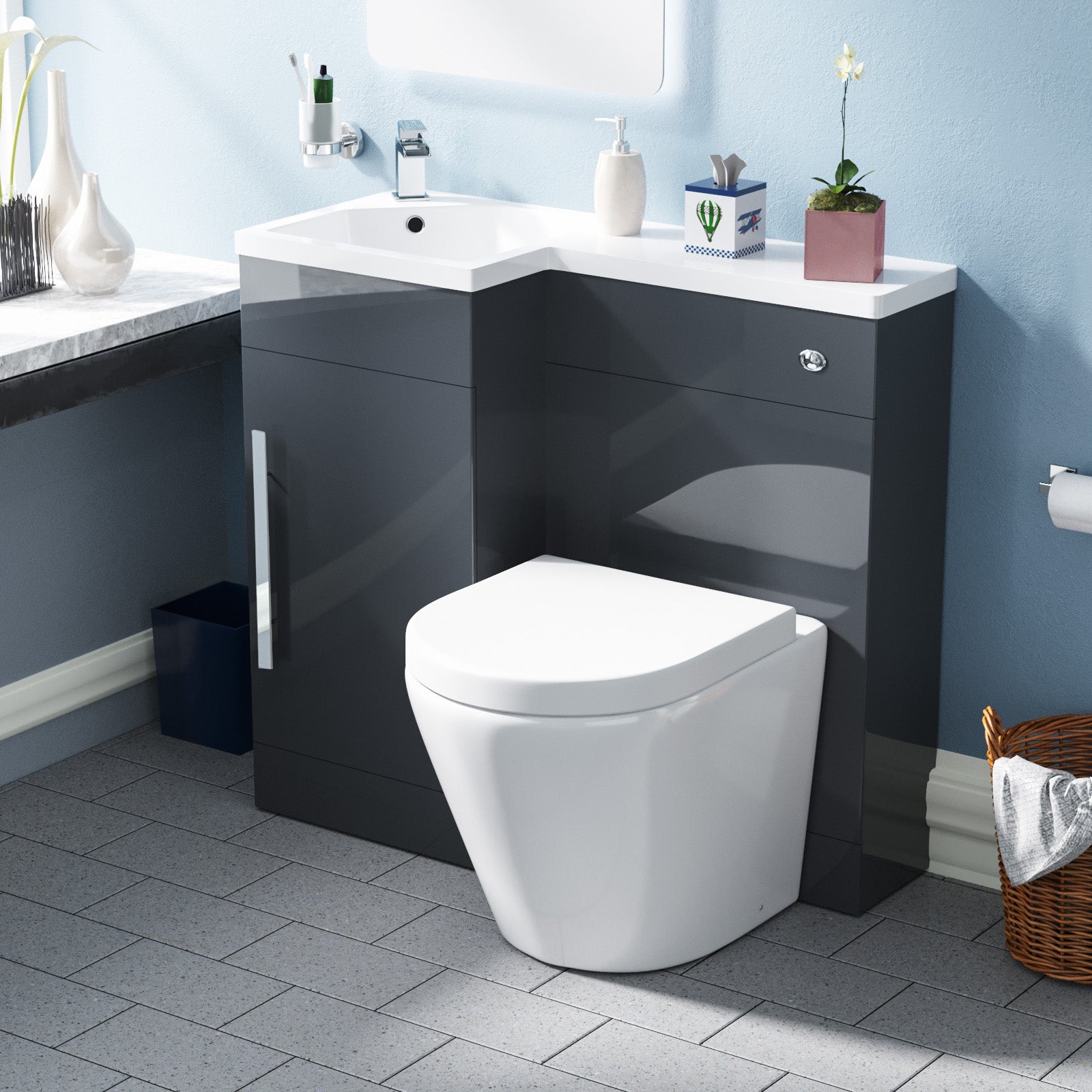 Jersey Flat Packed Compact 900mm Grey L-Shape Left Hand Vanity Unit, Rimless Toilet Set