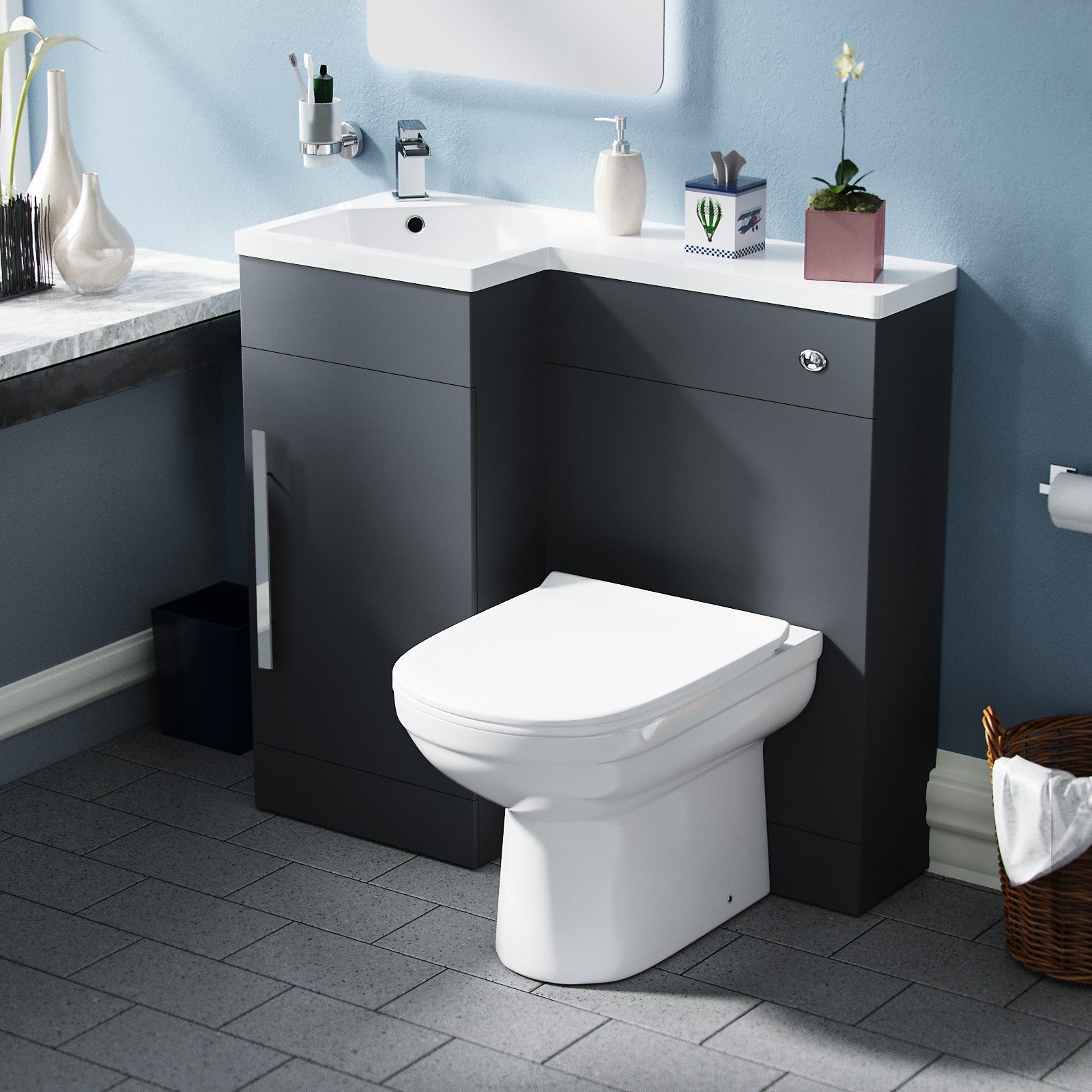 Velanal 900mm Left Hand Matt Grey Basin Vanity, WC Unit & Back To Wall Toilet