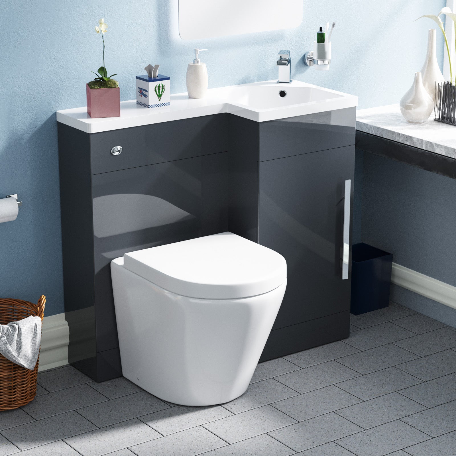 Jersey Flat Packed Compact 900mm Grey L-Shape Right Hand Vanity Unit, Rimless Toilet Set