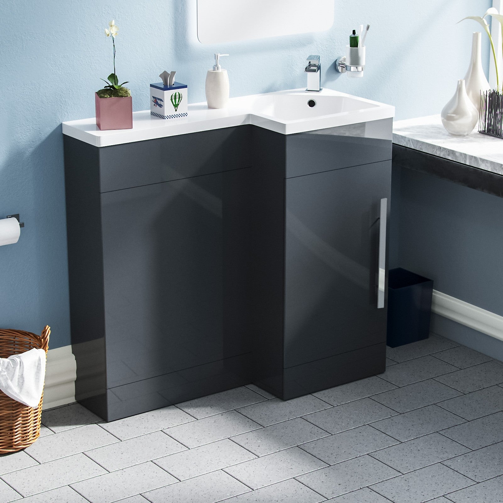 Jersey 900mm L Shape RH Bathroom Basin Vanity & WC Unit Grey