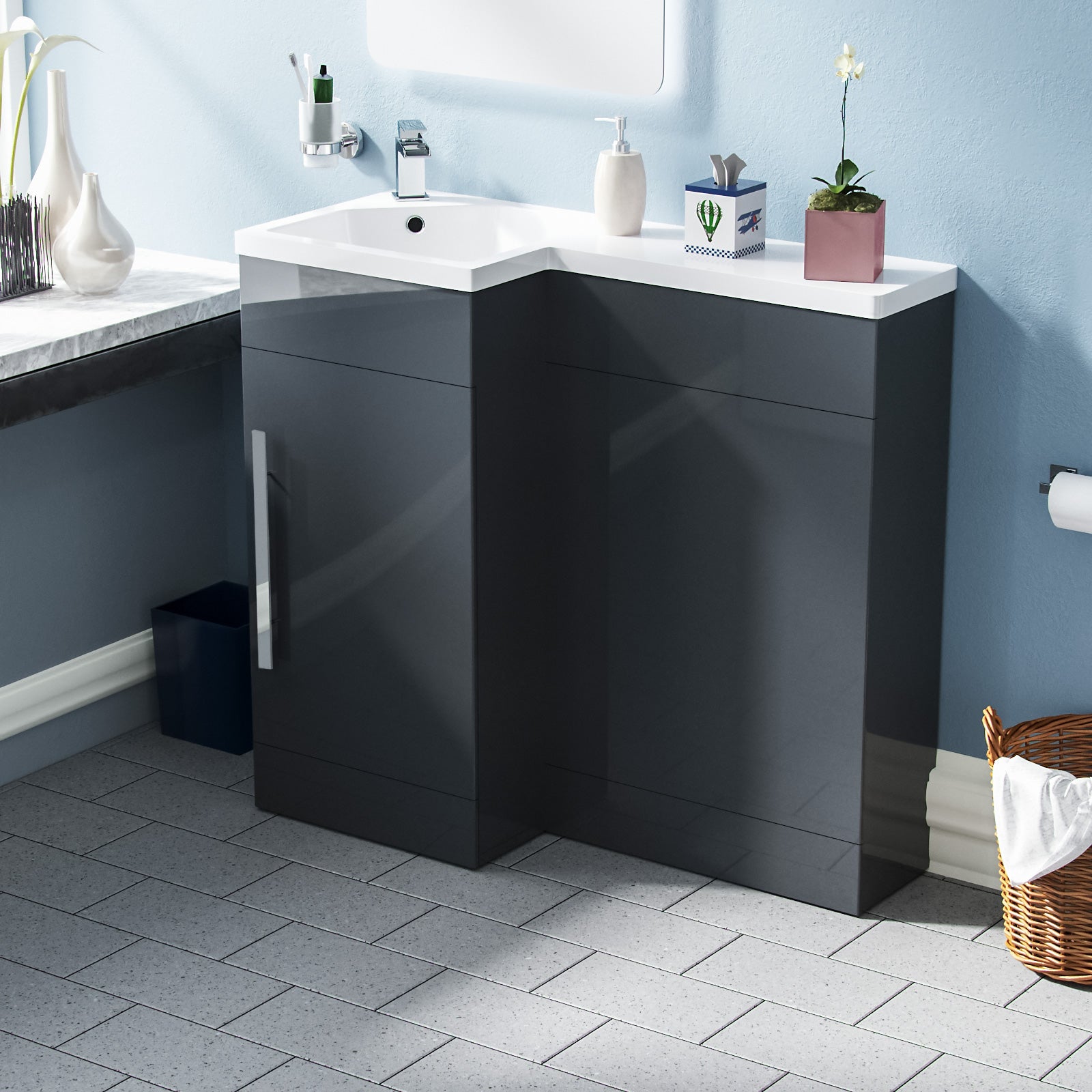 Jersey 900mm L Shape RH Bathroom Basin Vanity & WC Unit Grey