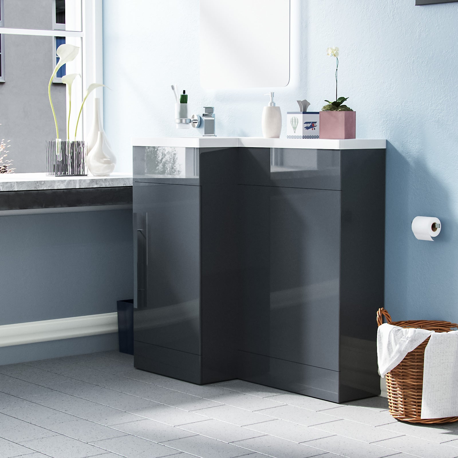 Jersey 900mm L Shape RH Bathroom Basin Vanity & WC Unit Grey