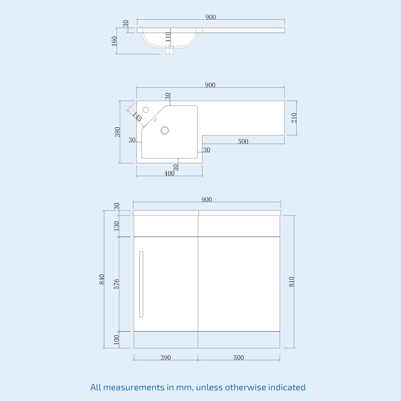 Left Hand 900mm Vanity Basin Unit, WC Unit & Chem Back to Wall Toilet White