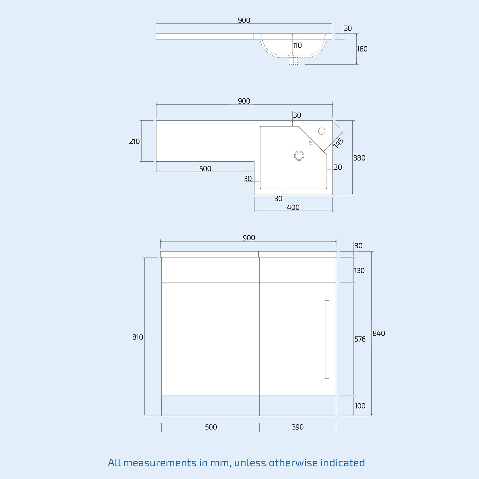Jersey Matte Grey L Shape Flat Pack RH 900mm Vanity WC Unit & BTW Toilet