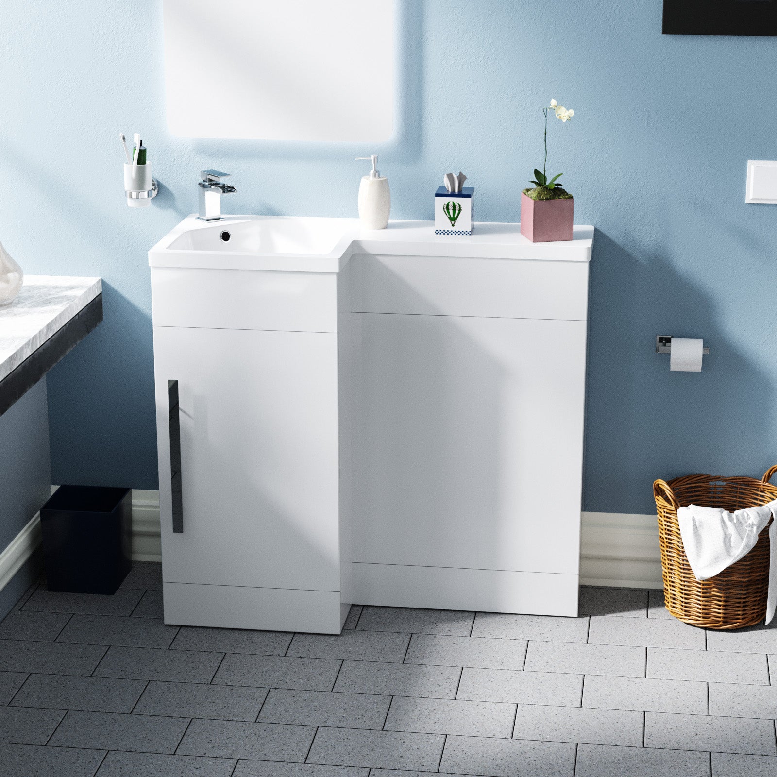 Jersey 900mm L Shape LH Bathroom Basin Vanity & WC Unit White