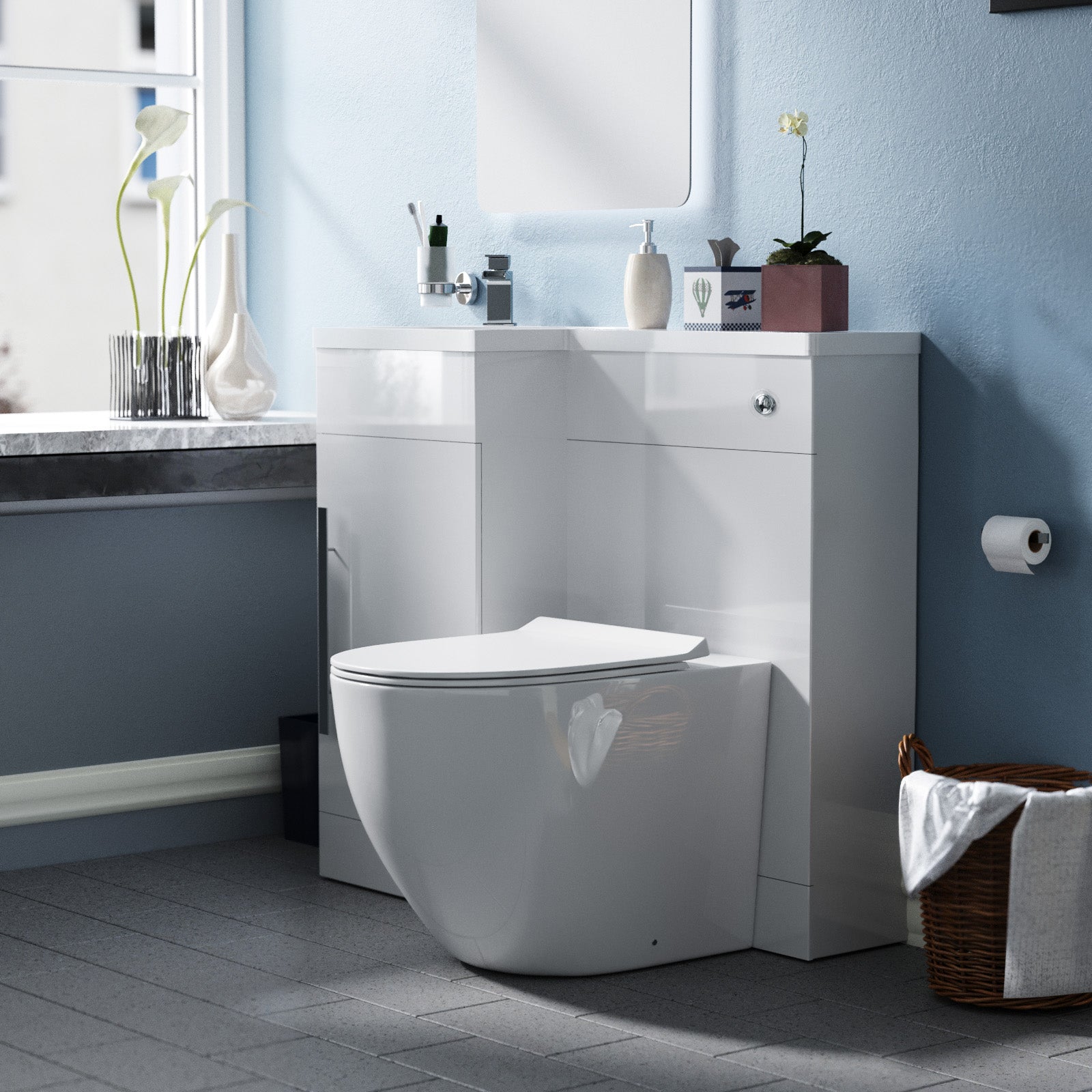 Jersey 900mm Flat Pack BTW Toilet, WC Unit & Resin Basin White