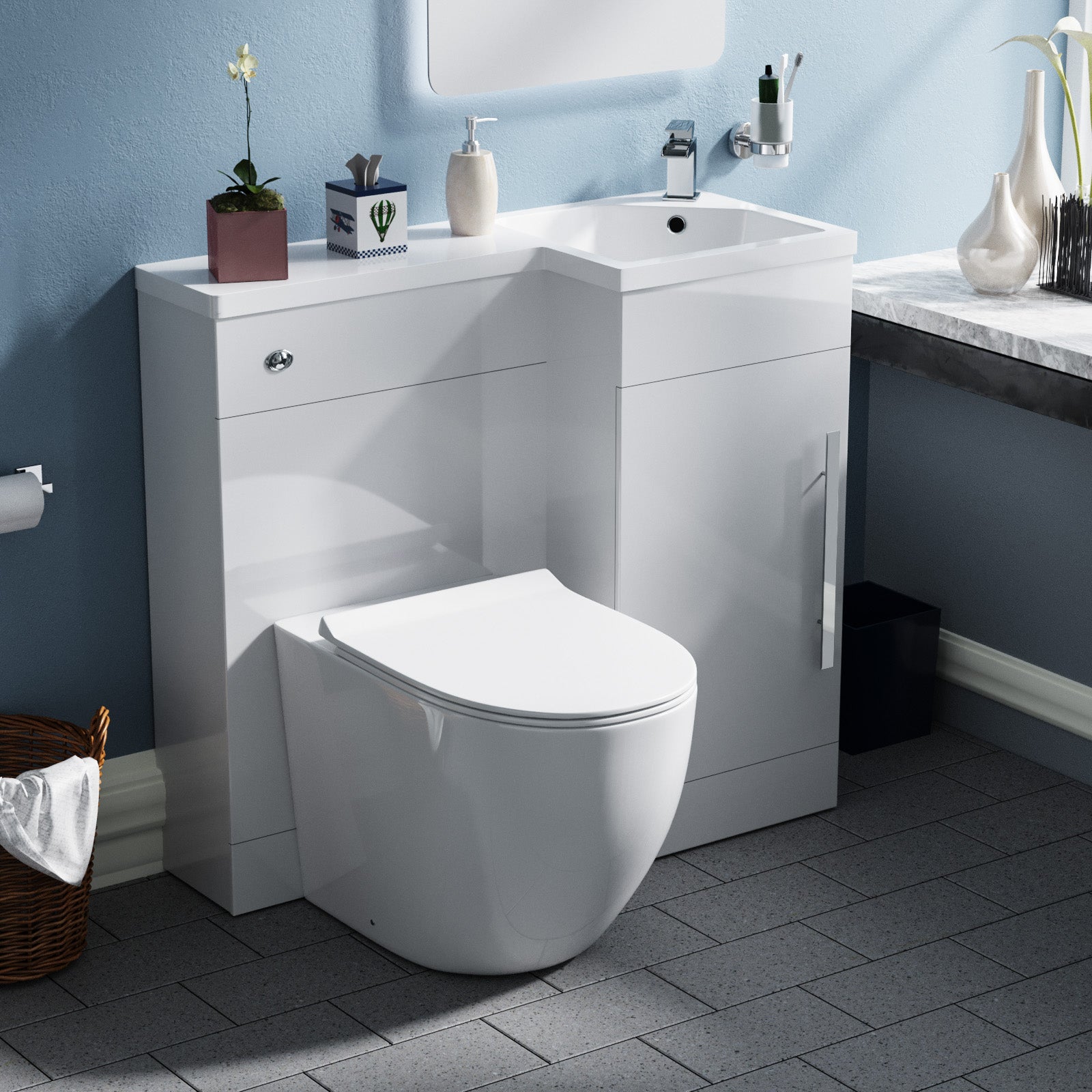 Jersey 900mm Flat Pack BTW Toilet, WC Unit & Resin Basin White
