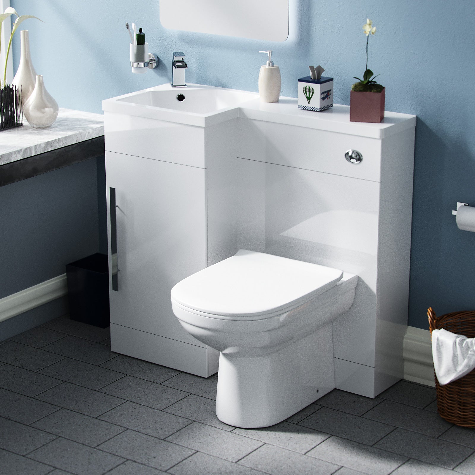 Jersey LH 900mm Vanity Basin Unit, WC Unit & Elso BTW Toilet White Flat Pack