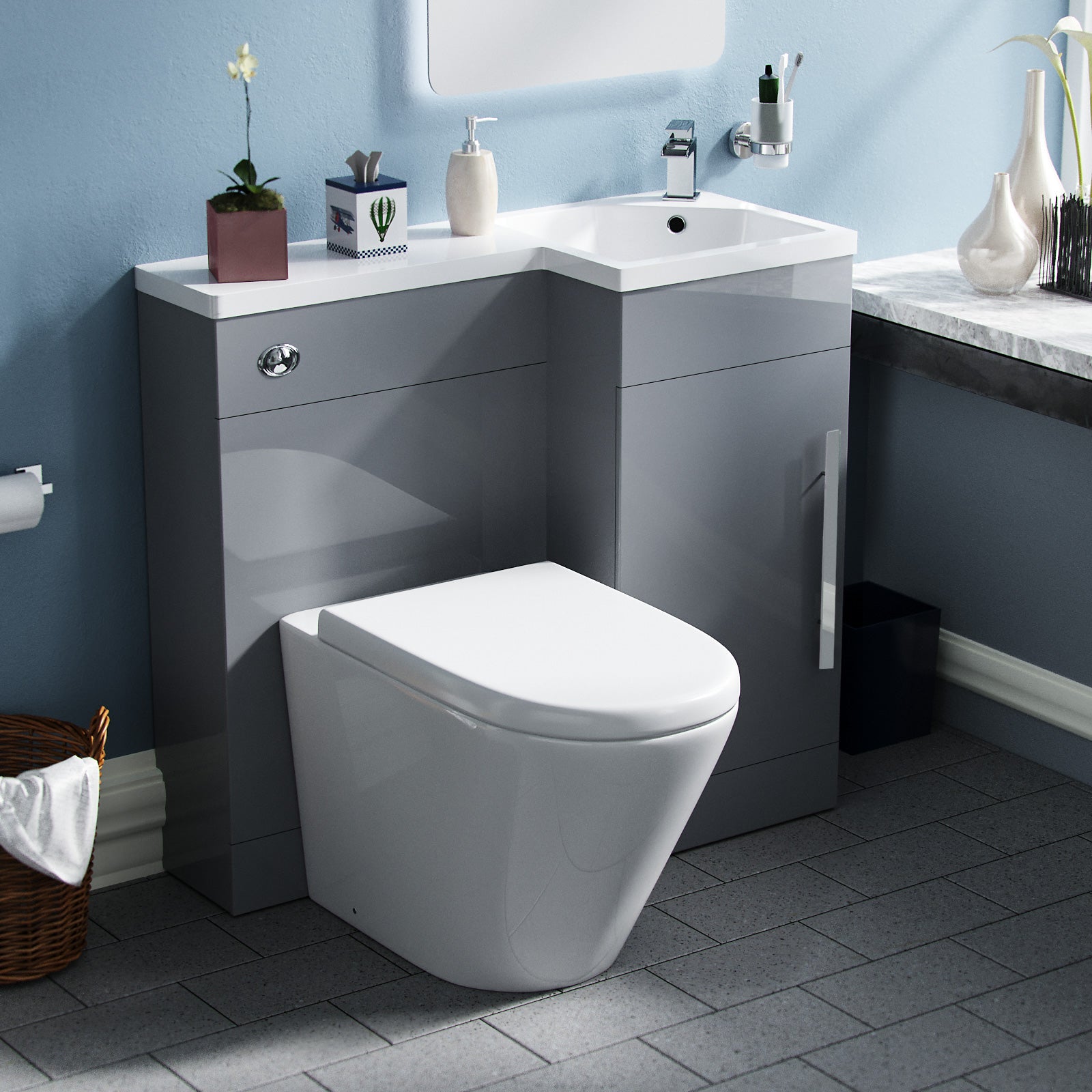 Jersey 900mm Light Grey Right Hand WC Basin Vanity and Toilet Unit Flat Pack