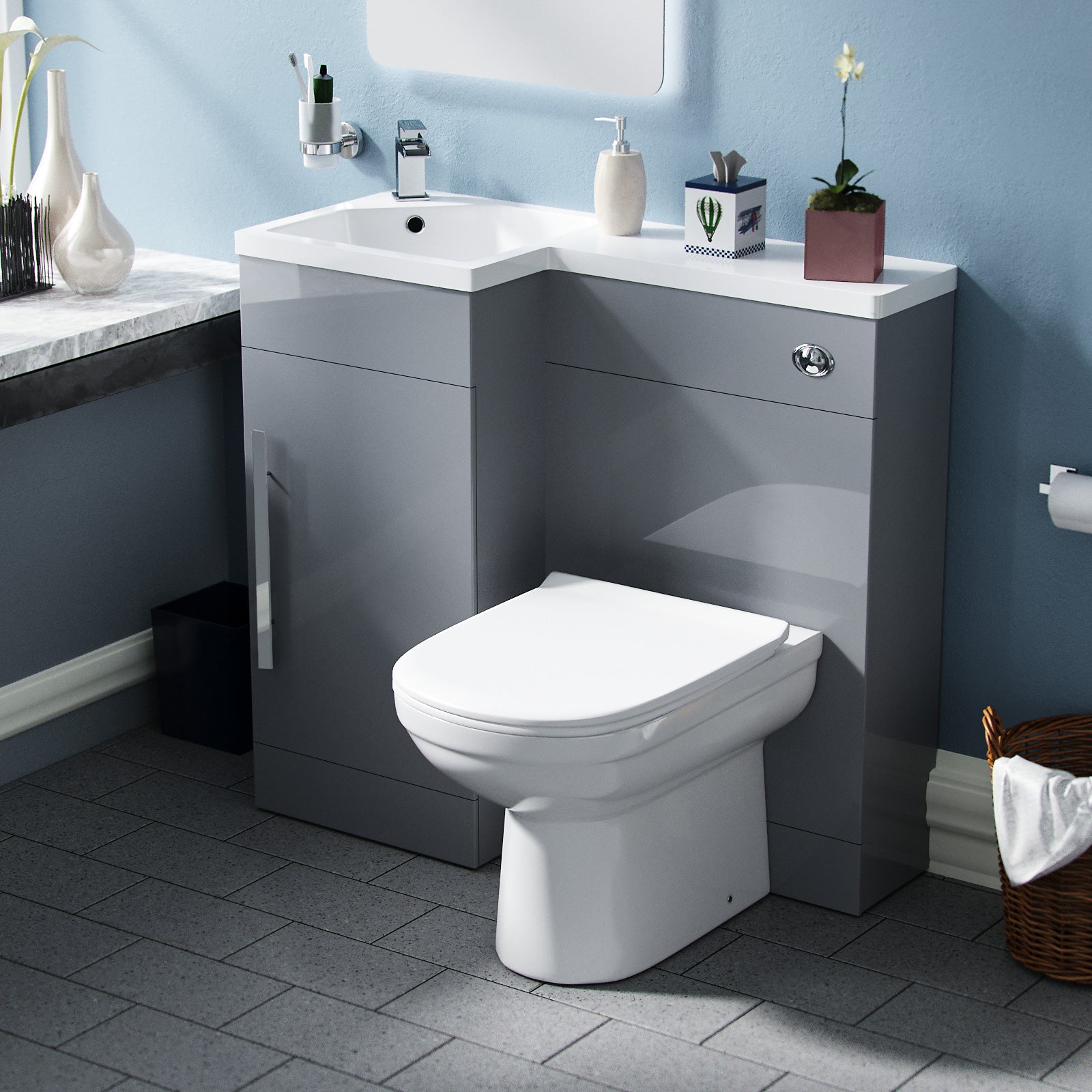 Jersey Light Grey L-Shape Left Hand 900mm Vanity Cabinet and Toilet Set Flat Pack