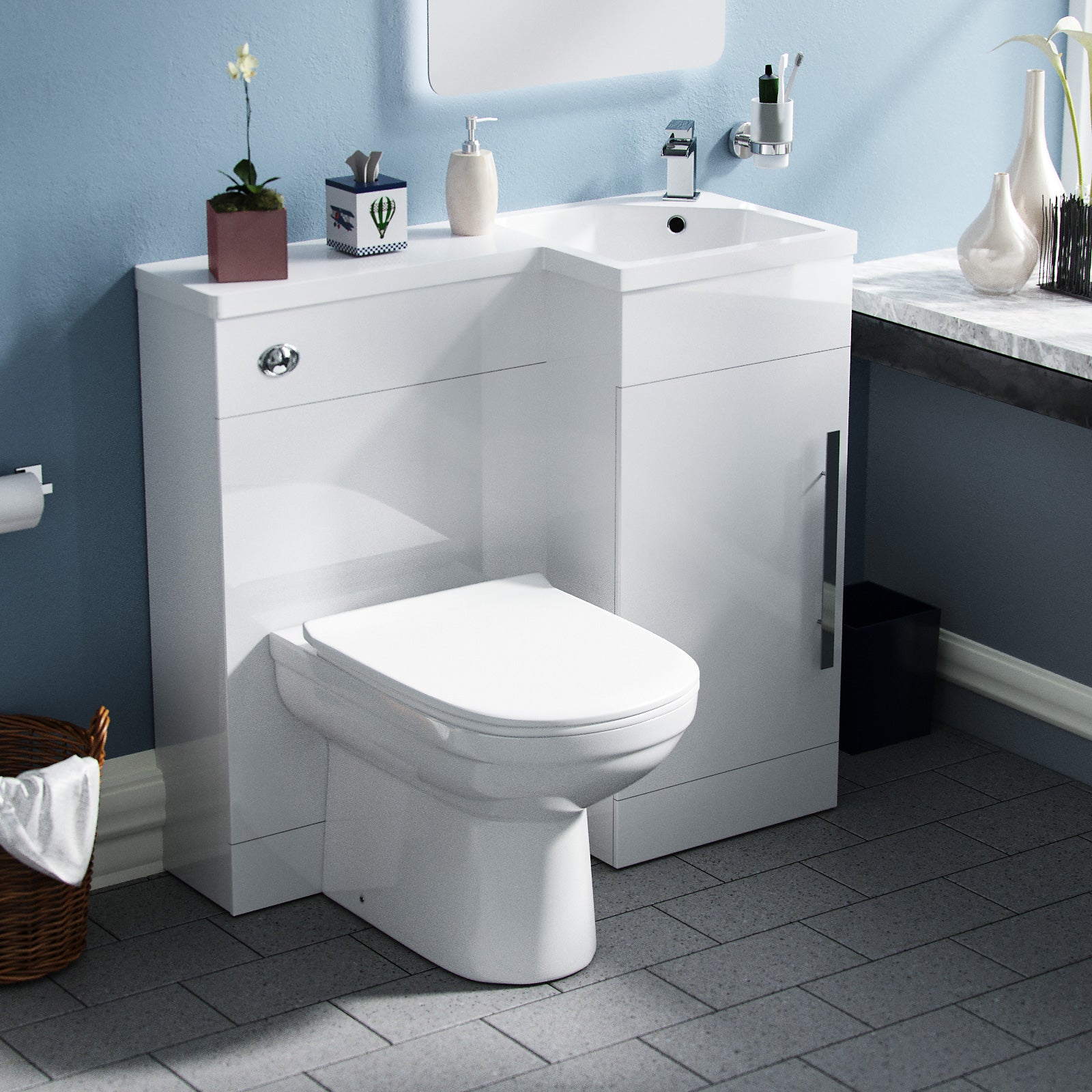 Jersey White L-Shape RH Small 900mm Vanity Unit Sink Toilet Bathroom Flat Pack