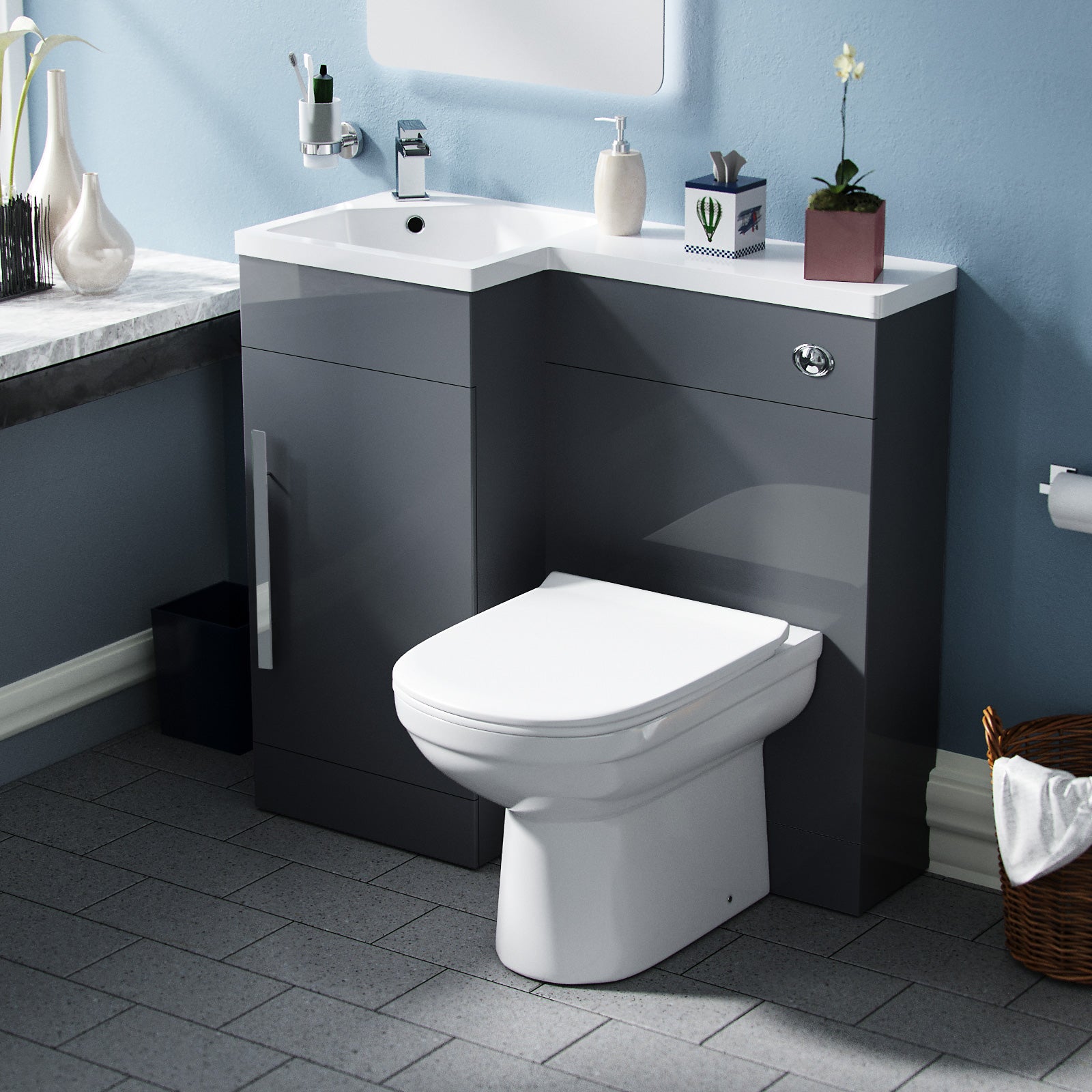 Jersey Flat Packed Compact 900mm Grey L-Shape Left Hand Vanity Unit and Toilet Bathroom