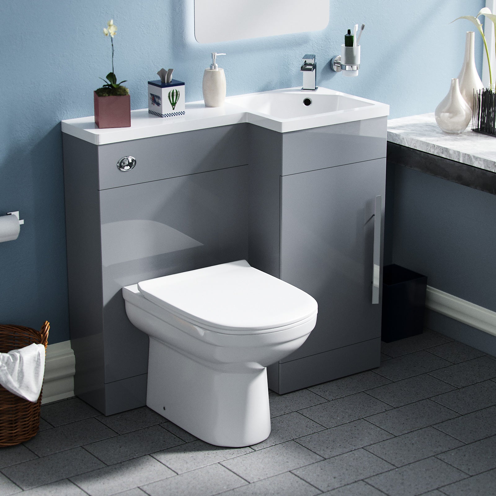 Jersey Light Grey L-Shape Right Hand 900mm Vanity Unit Toilet Furniture Flat Pack