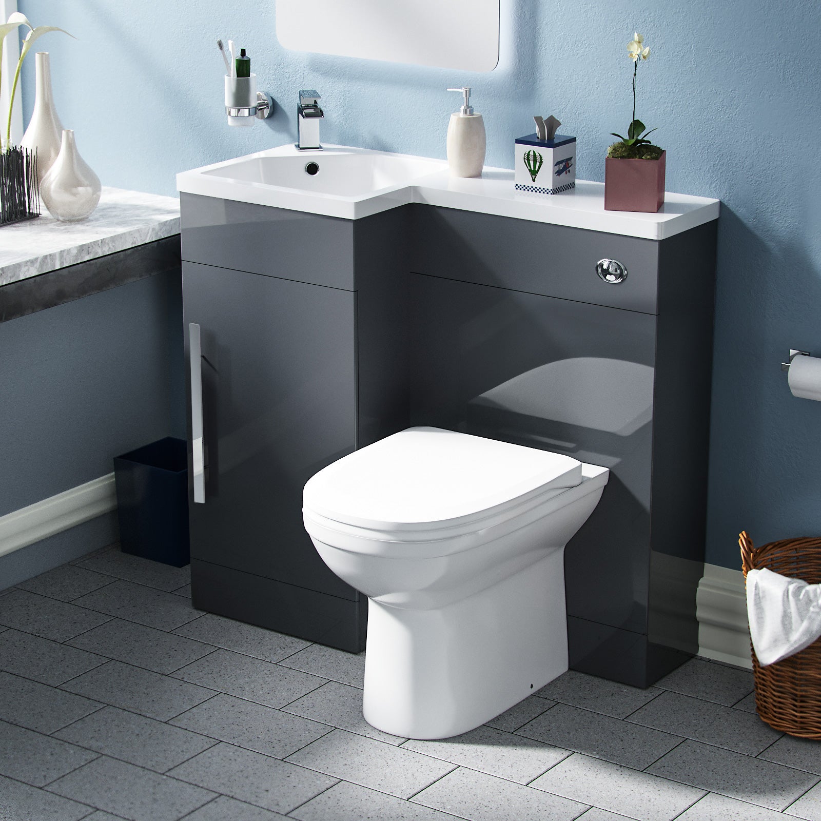 Jersey Flat Pack 900mm Vanity Basin Unit, WC Unit & Welbourne Back to Wall Toilet Grey