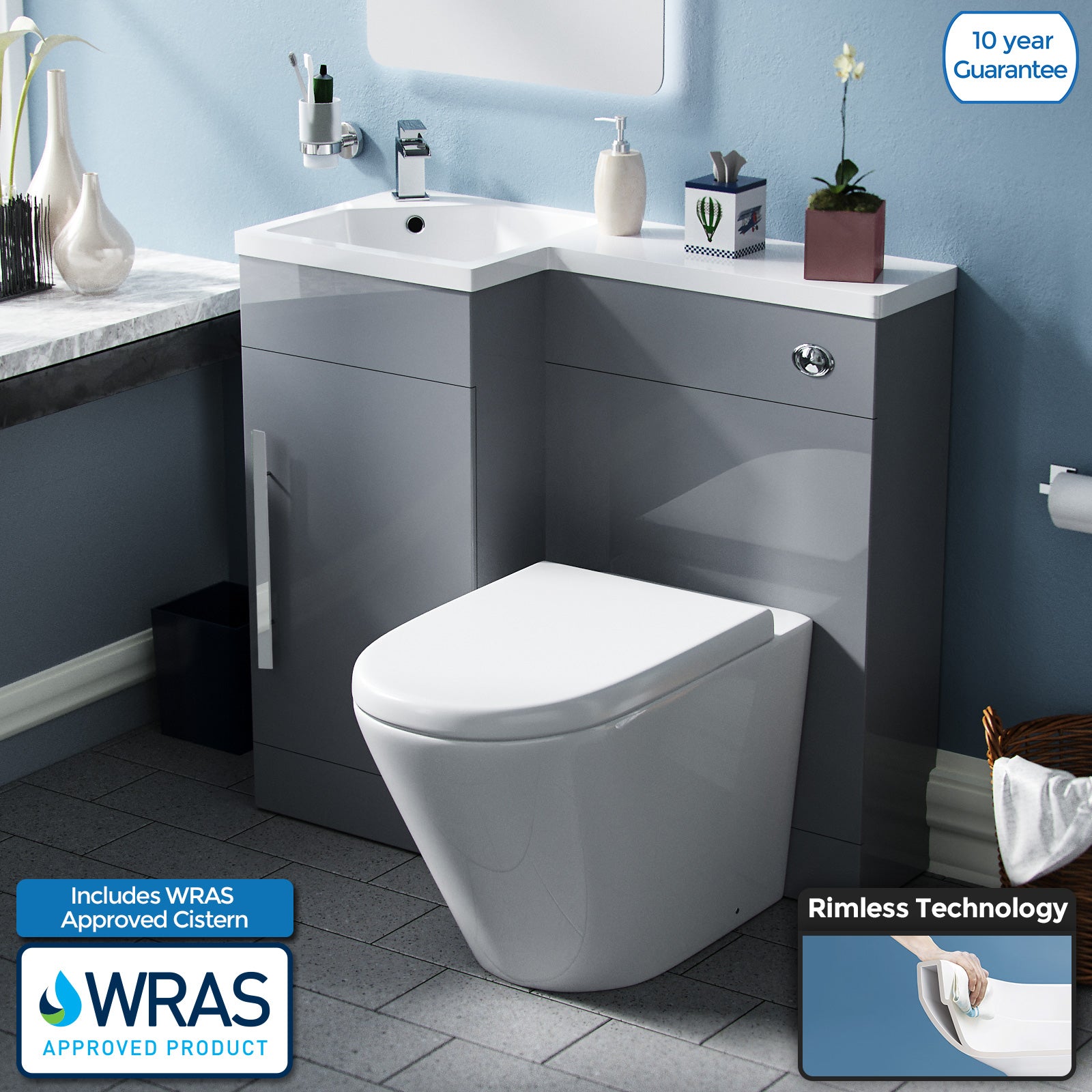 Jersey 900mm Vanity Basin Unit, WC Unit & Ellis UF Back to Wall Toilet Grey