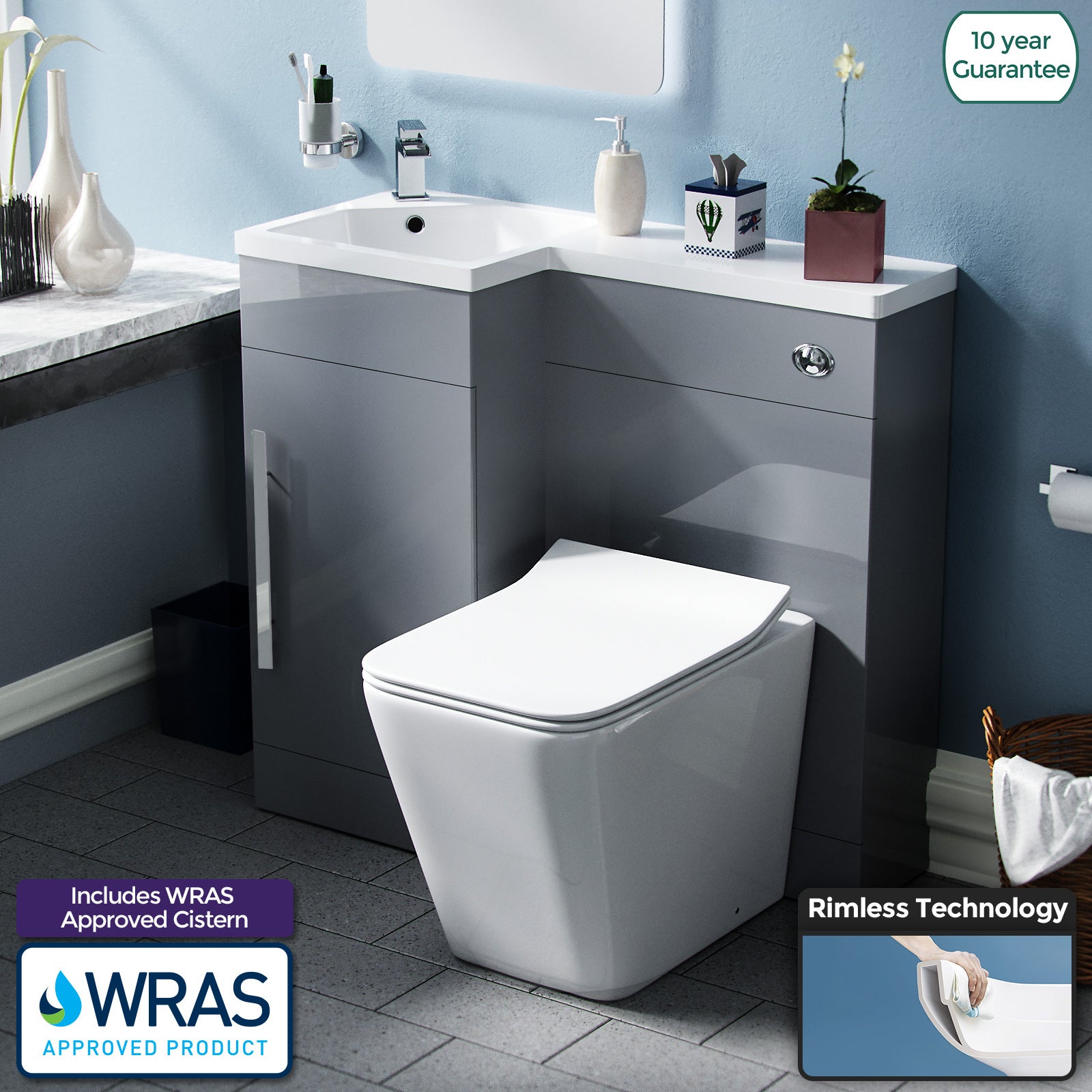 900mm Grey Vanity Unit Basin Sink with Rimless Toilet