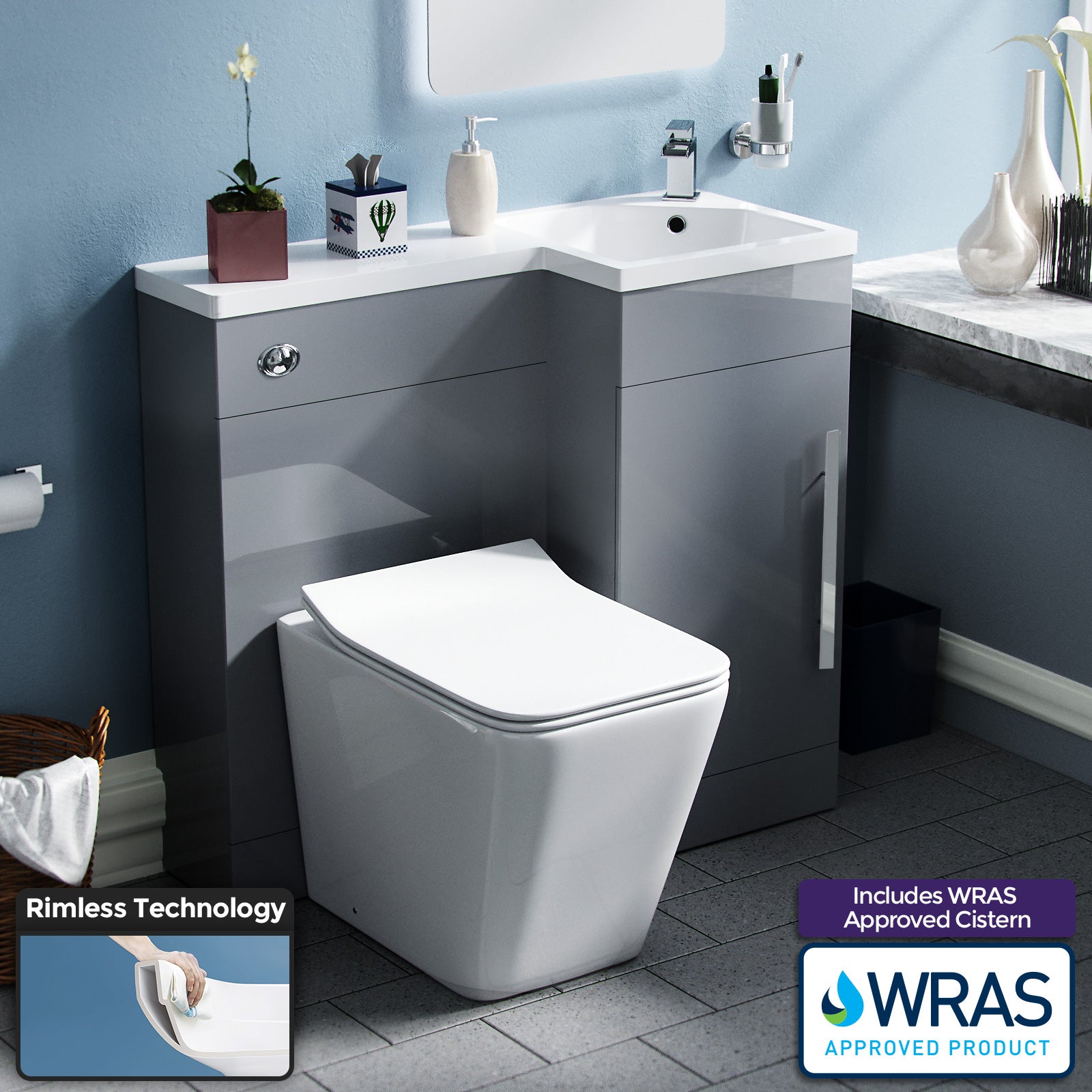 900mm Grey Vanity Unit Basin Sink with Rimless Toilet