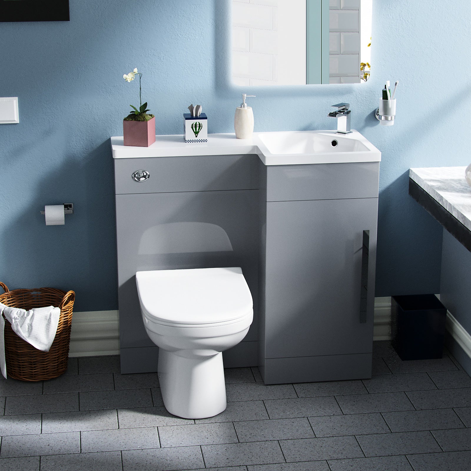 Jersey Light Grey L-Shape Right Hand 900mm Vanity Unit Toilet Furniture Flat Pack