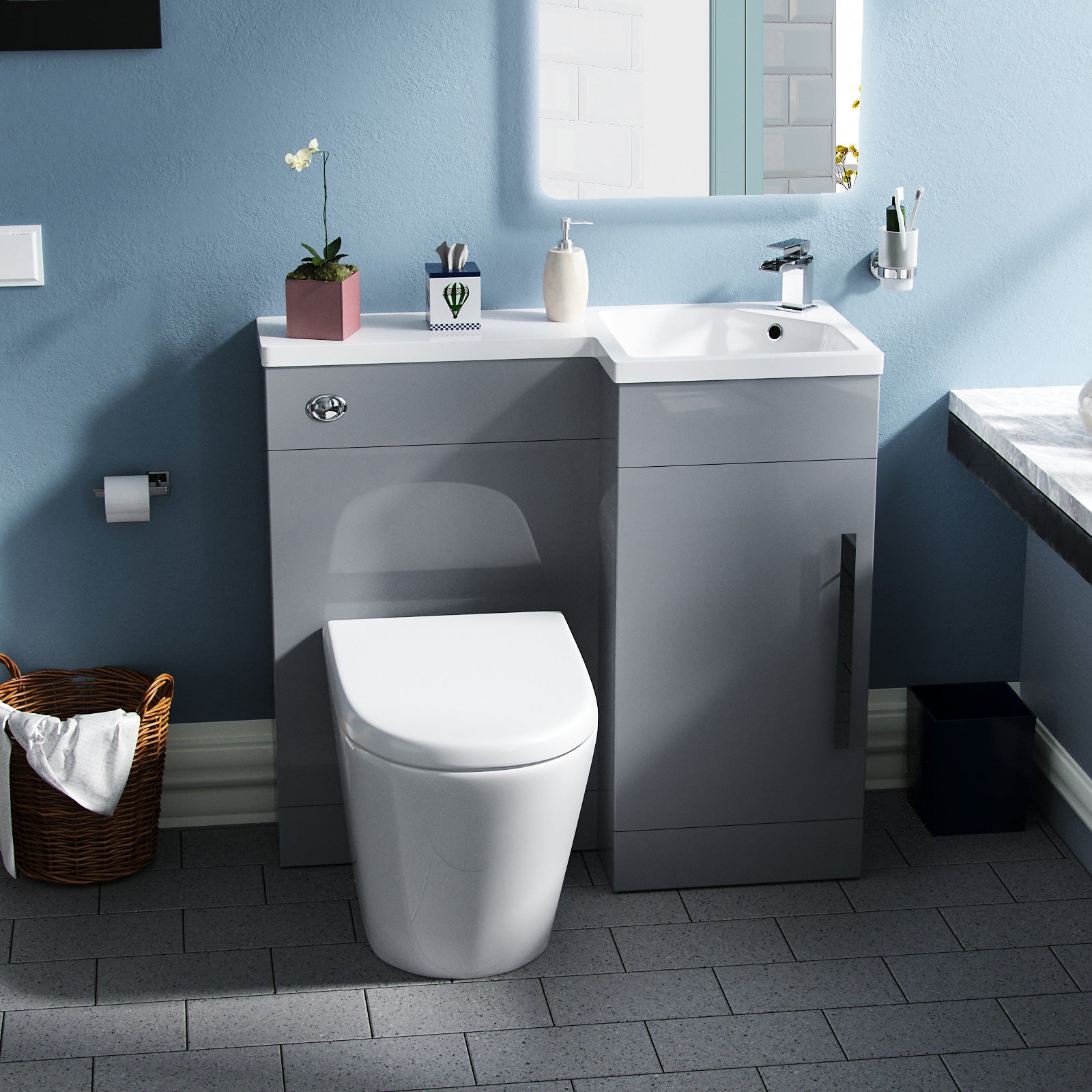 Jersey 900mm Light Grey Right Hand WC Basin Vanity and Toilet Unit Flat Pack