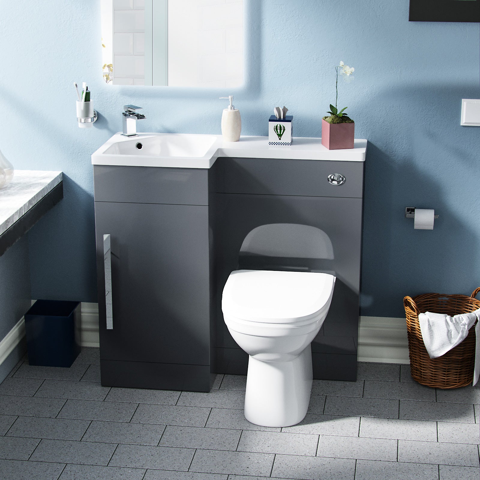 Jersey Flat Pack 900mm Vanity Basin Unit, WC Unit & Welbourne Back to Wall Toilet Grey