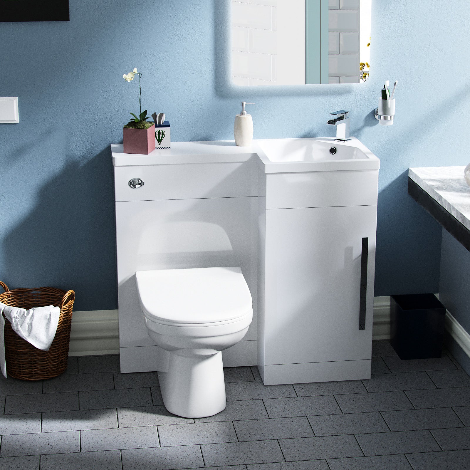 Jersey RH 900mm Vanity Basin Unit, WC Unit & Rimless Back To Wall Toilet White