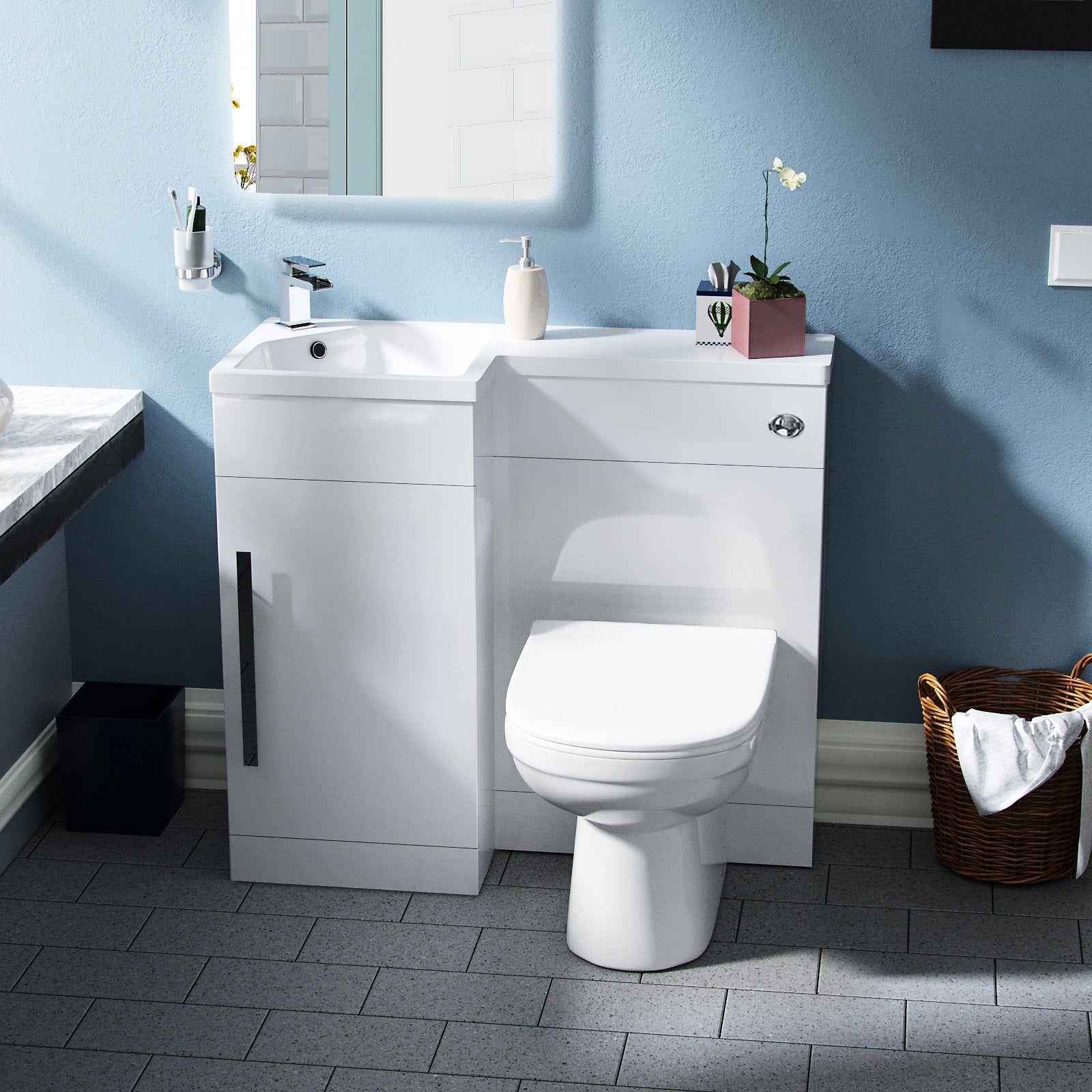 Jersey RH 900mm Vanity Basin Unit, WC Unit & Rimless Back To Wall Toilet White