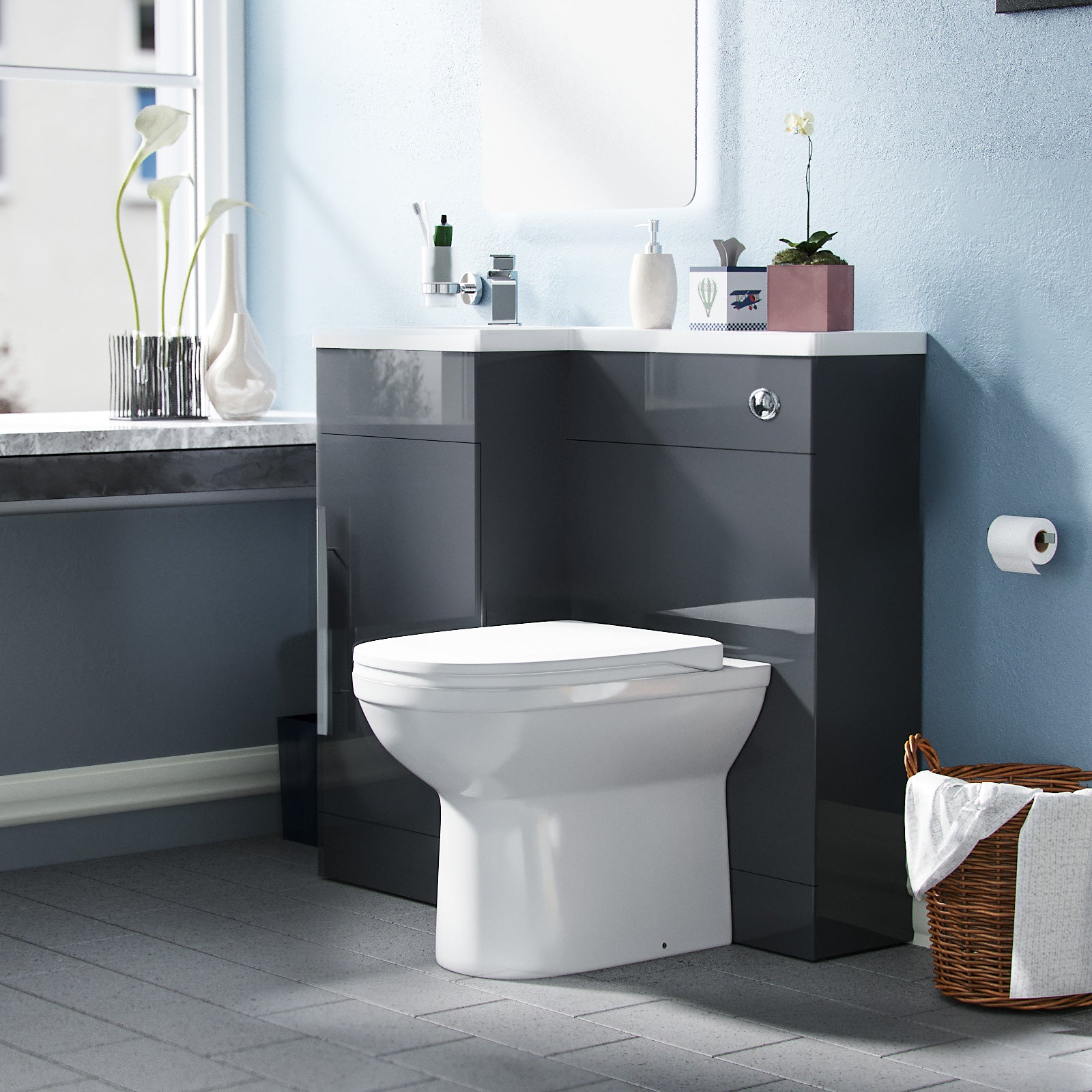 Jersey Flat Pack 900mm Vanity Basin Unit, WC Unit & Welbourne Back to Wall Toilet Grey