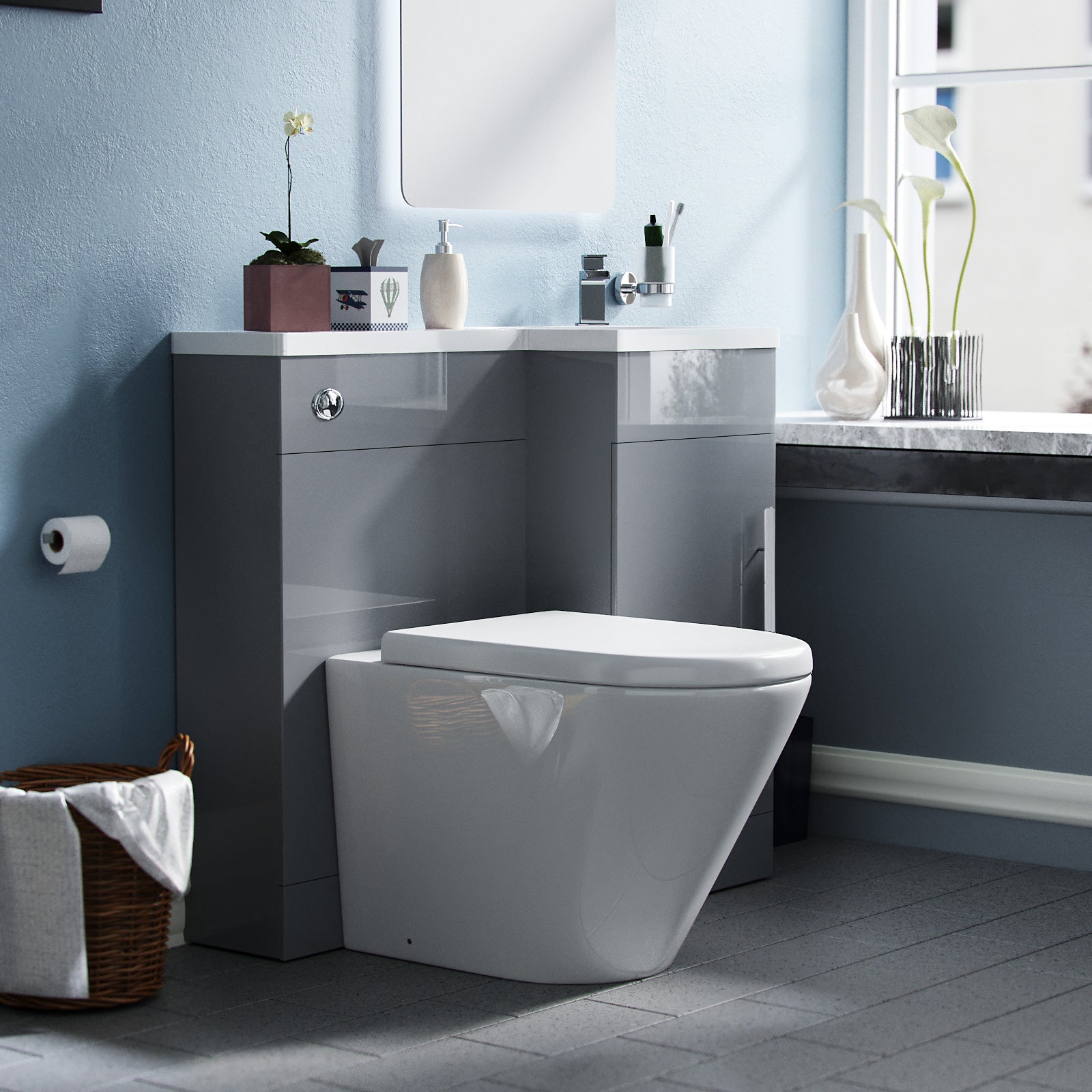 Jersey 900mm Light Grey Right Hand WC Basin Vanity and Toilet Unit Flat Pack