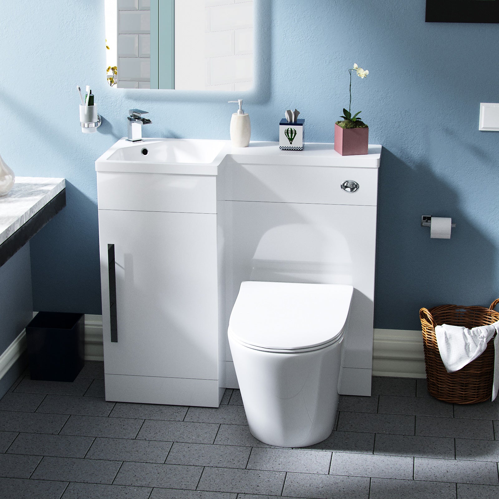 Jersey 900mm Flat Pack Vanity Basin Unit, WC Unit & Ellis UF Back To Wall Toilet White