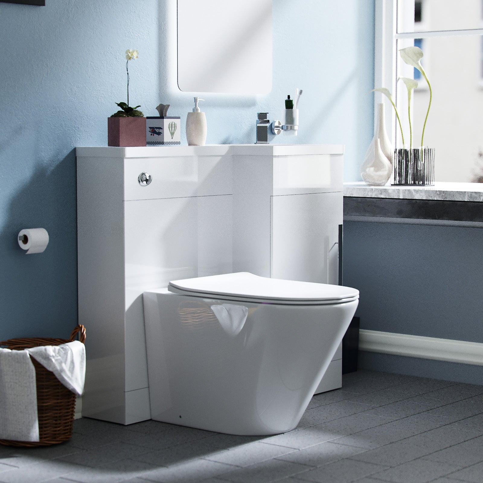 Jersey 900mm Flat Pack Vanity Basin Unit, WC Unit & Ellis UF Back To Wall Toilet White