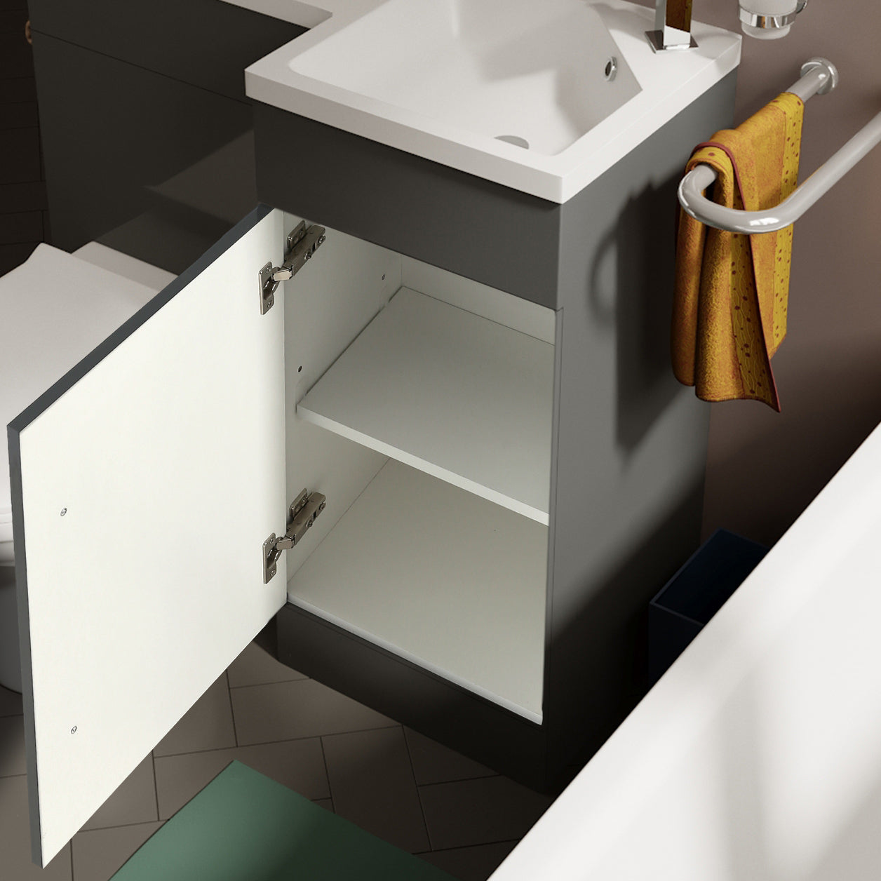 Jersey Flat Packed Compact 900mm Grey L-Shape Right Hand Vanity Unit and Toilet Bathroom