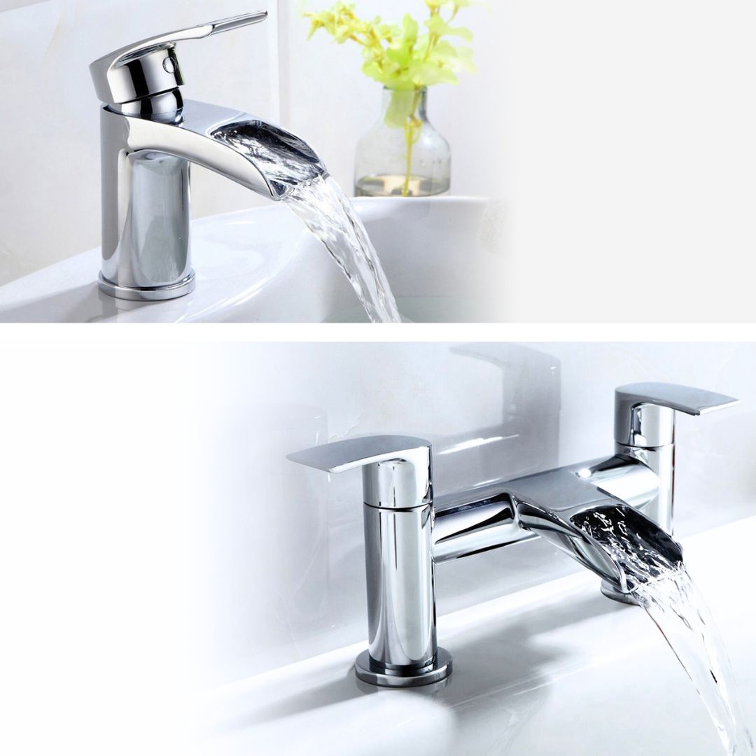 Lucy Contemporary Waterfall Design Chrome Basin Mixer Tap & Bath Filler Tap