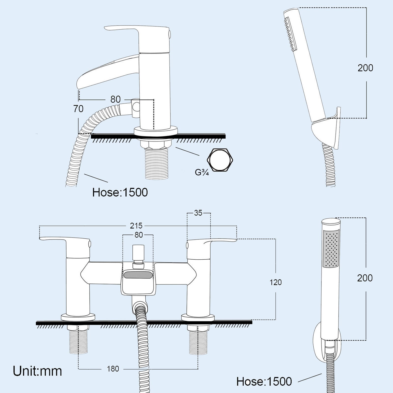 Vago Modern Set Of Waterfall Basin Mono Mixer Tap & Bath Shower Mixer Tap With Handset Kit