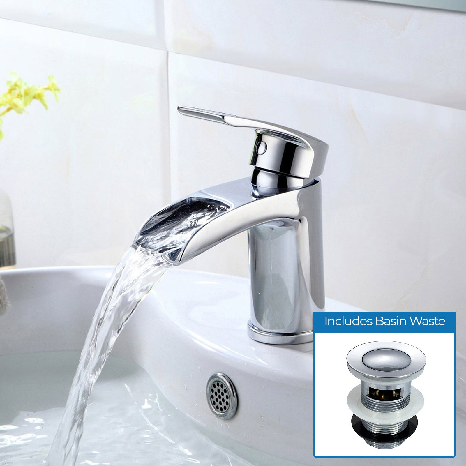 Lucy Waterfall Bathroom Tap Basin Mono Mixer Chrome Modern Design Solid Brass