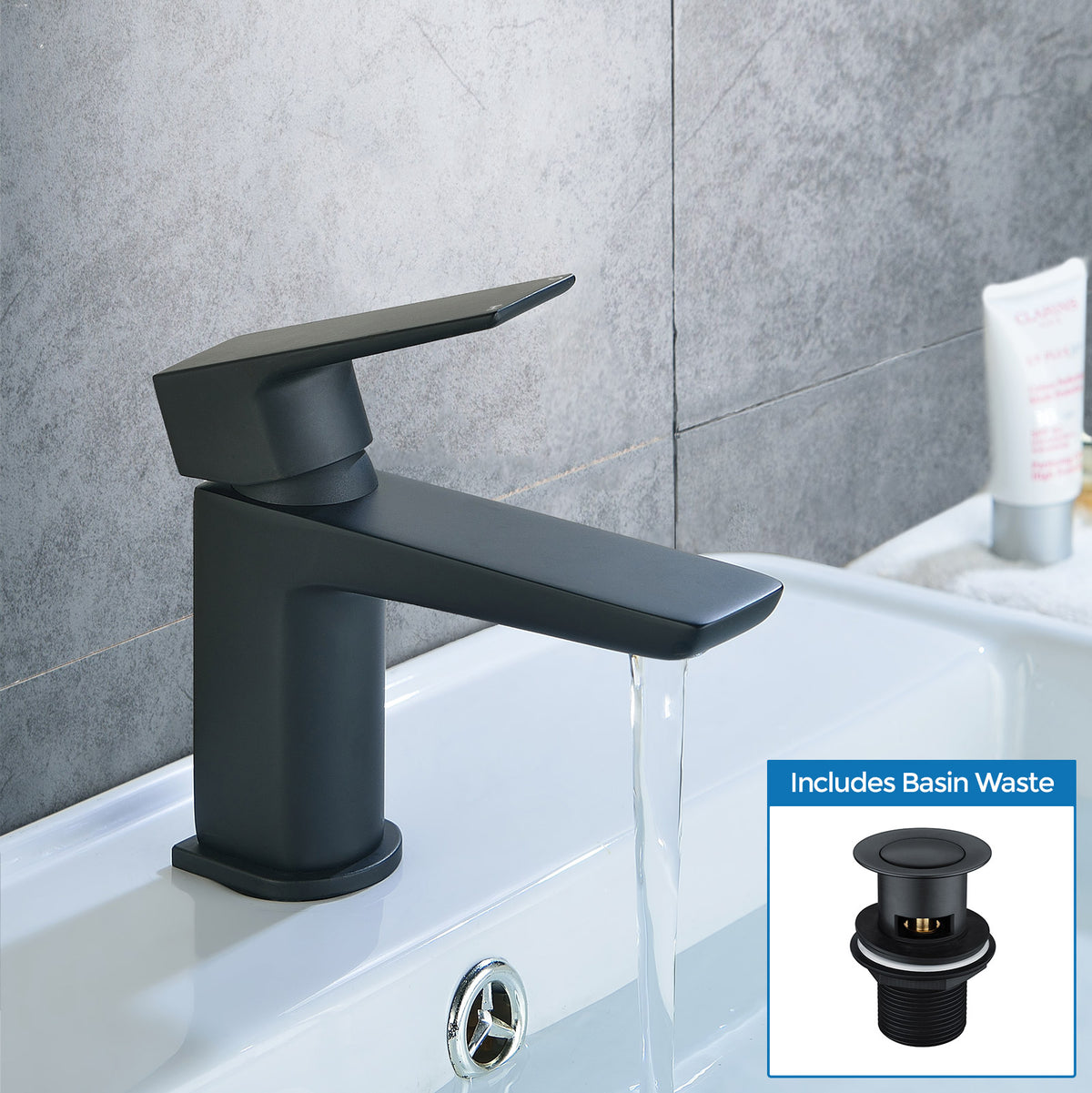 Astra Modern Matte Black Cloakroom Basin Single Lever Tap + Waste