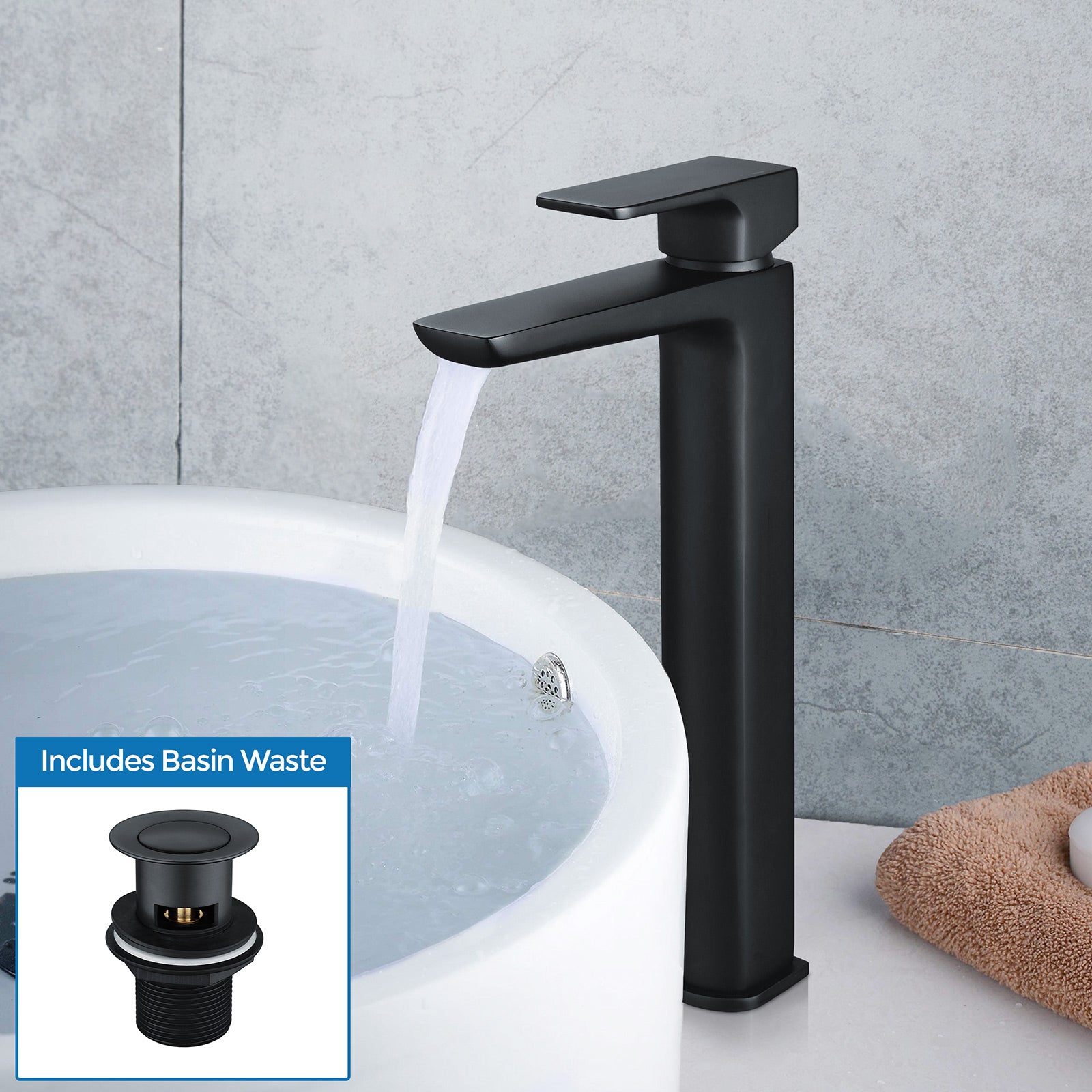 Astra Modern Countertop Extended Matte Black Basin Mono Mixer Tap