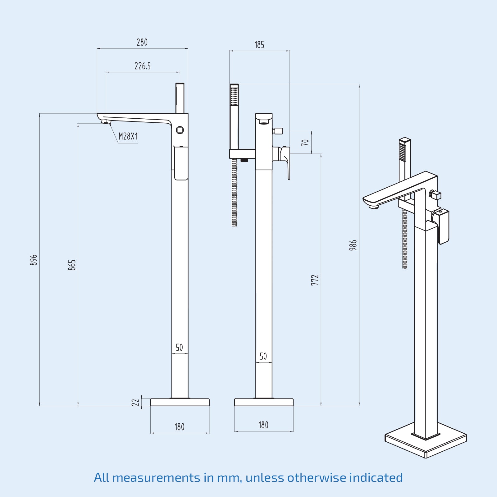 Brayton Square Floorstanding Bath Shower Mixer Tap With Handset Chrome