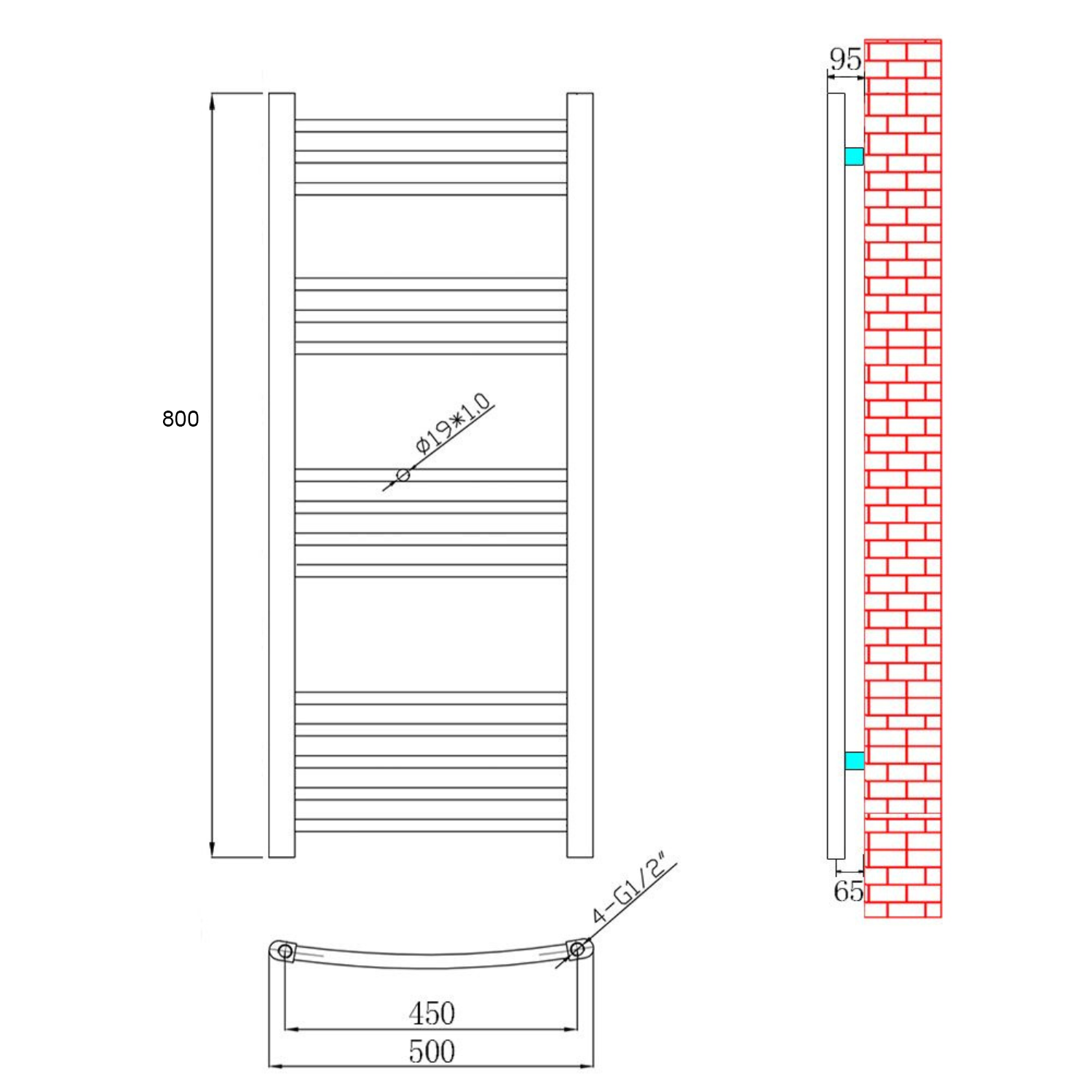 Towel Rail Radiator 800 X 500 mm Horizontal Chrome