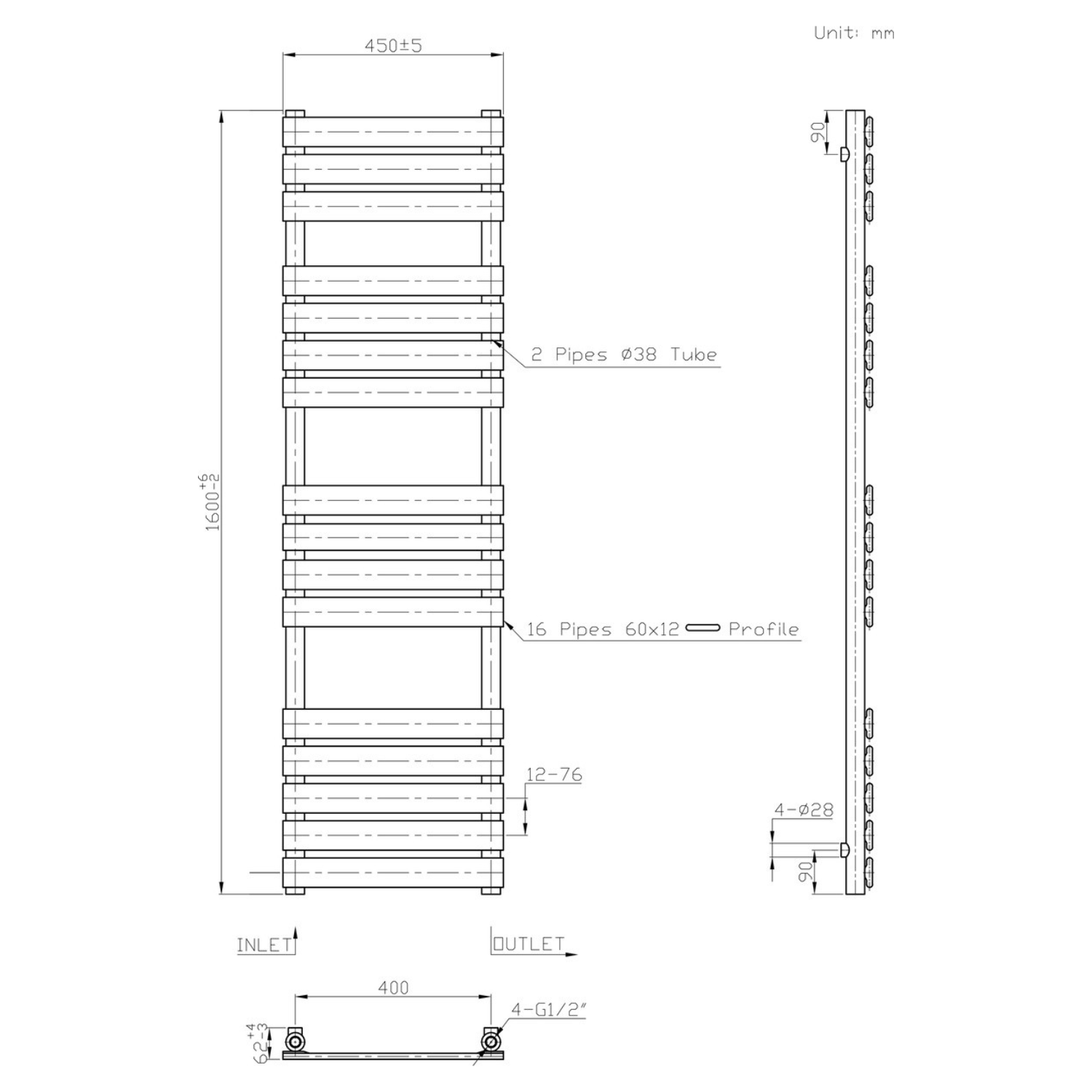 Honeywell 1600 X 500 mm Horizontal Straight Black Towel Rail Radiator