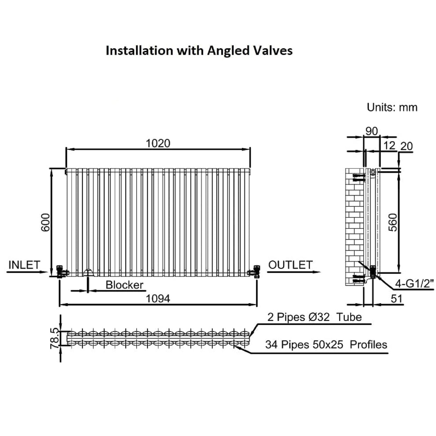 Designer Radiator 1020 X 600 mm Horizontal Double Oval Tube White