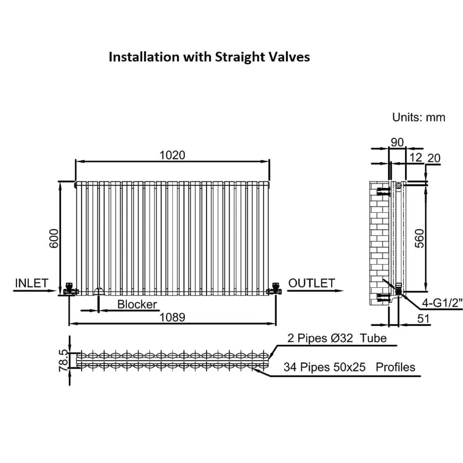 Designer Radiator 1020 X 600 mm Horizontal Double Oval Tube White