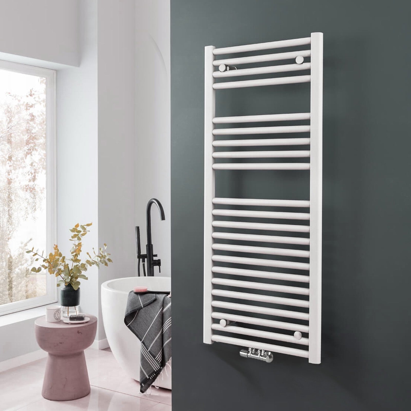 Vertical Central Connection Towel Radiator White Single Straight 1200 x 500 mm