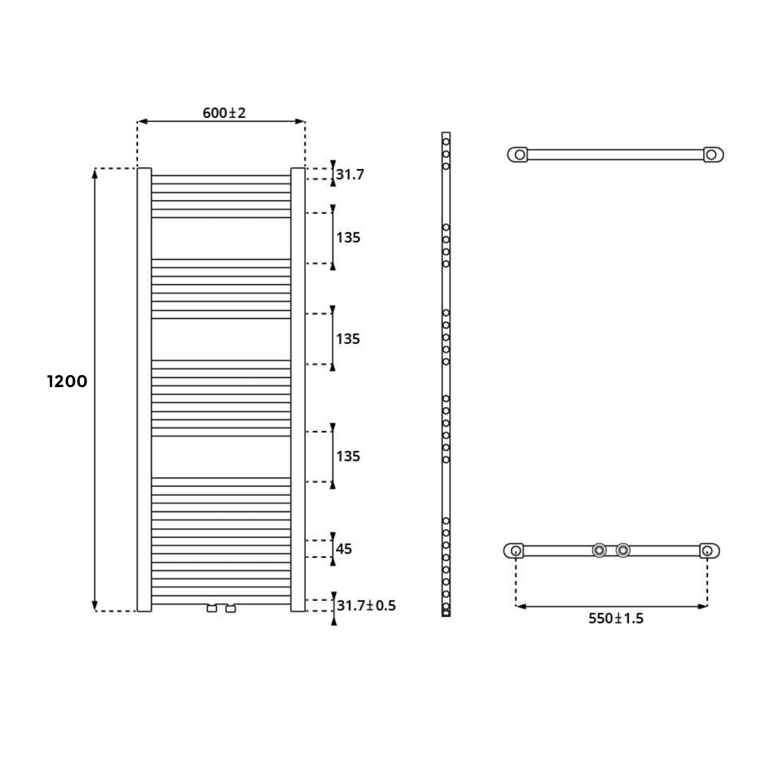 Towel Rail Radiator 1200 X 600 mm Horizontal Straight Chrome